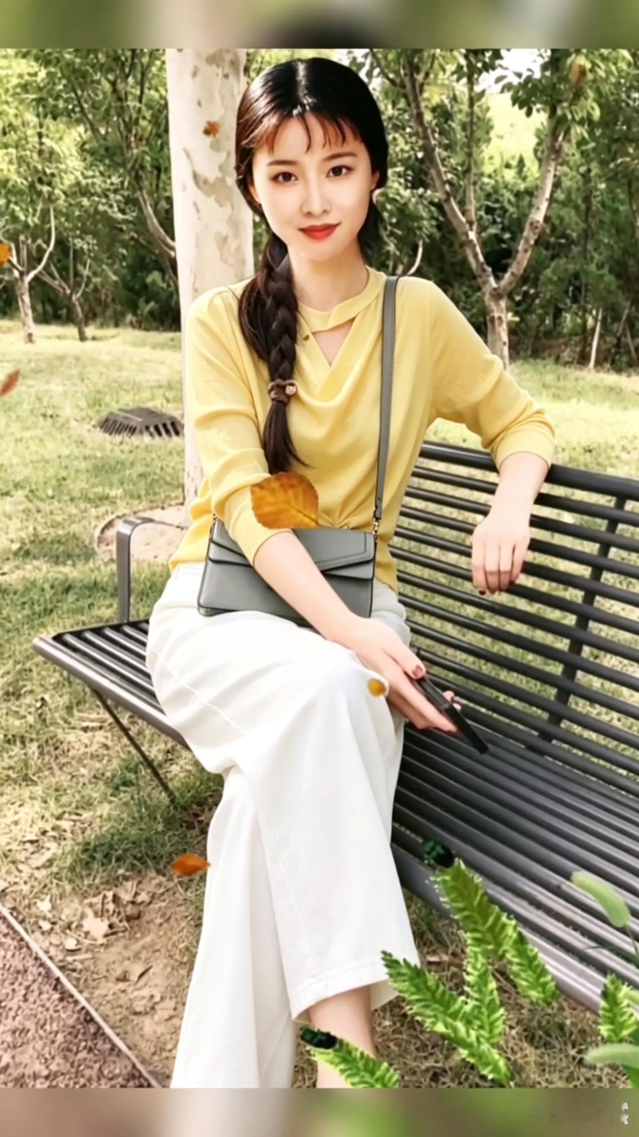 绿意盎然间，美人倚长椅。