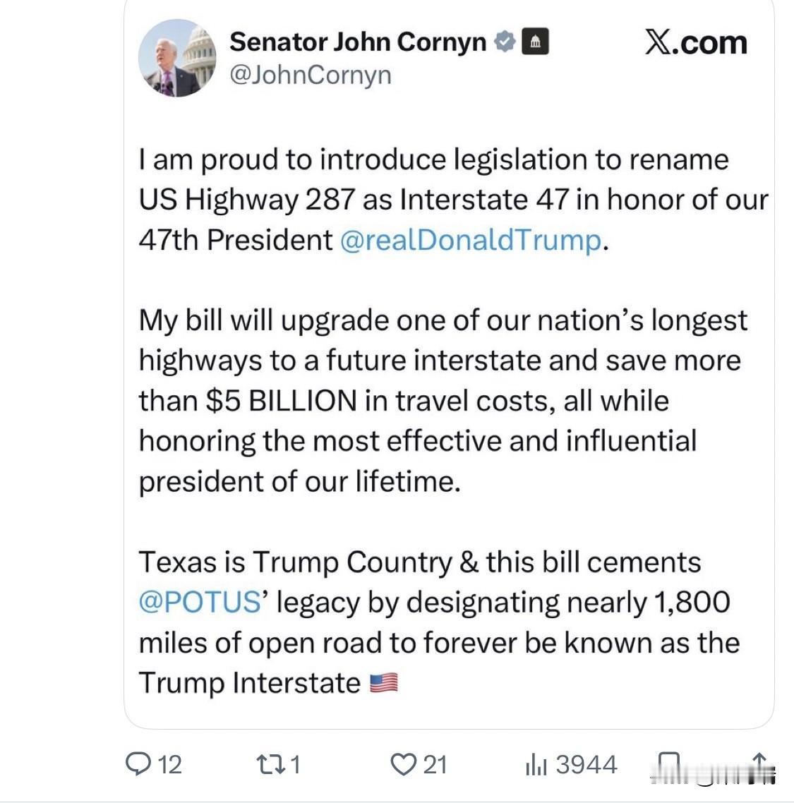 美国得克萨斯州共和党联邦参议员约翰·科宁（JohnCornyn）于2026年