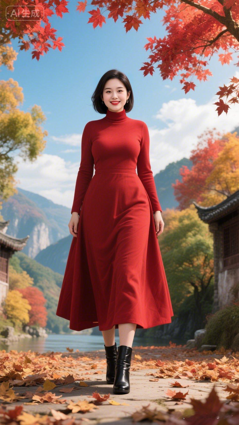 秋日红裙漫步，落叶飘舞，唯美如画