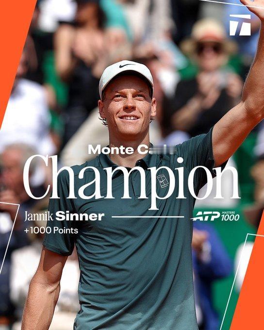 蒙特卡洛大师赛决赛辛纳7-6,6-3阿卡拉斯连续四个大师赛拿下冠军大师赛连