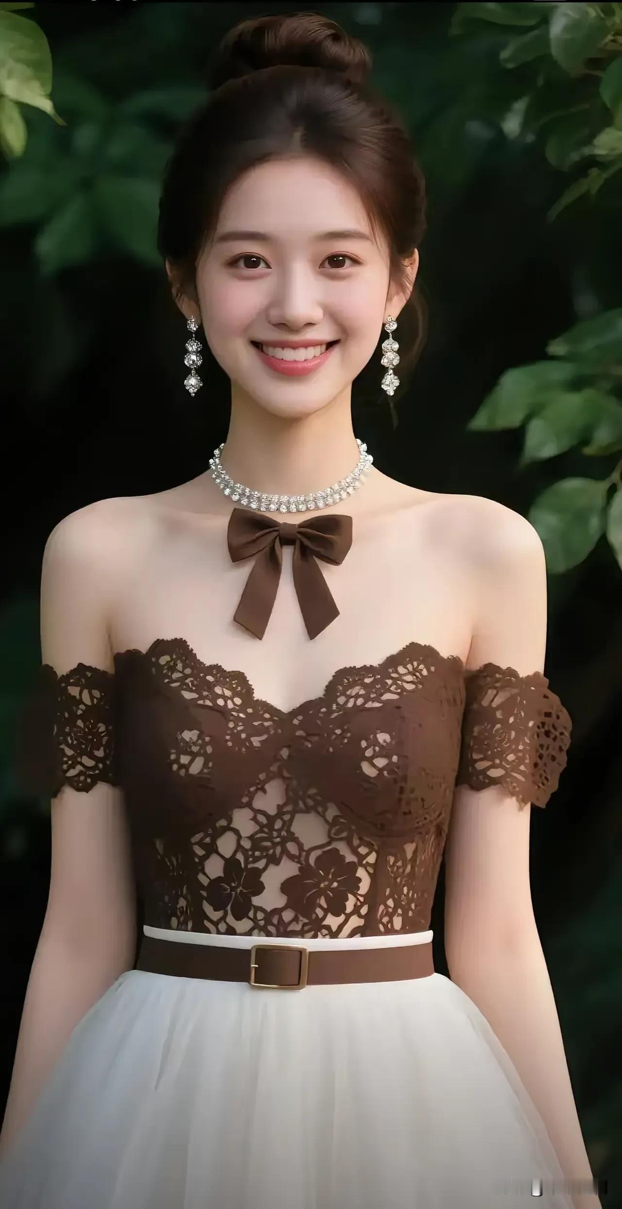 棕蕾丝缠着柔纱裙摆，颈间蝴蝶结牵起碎钻的光。笑意落进眼底时，连身后的绿意都浸了层