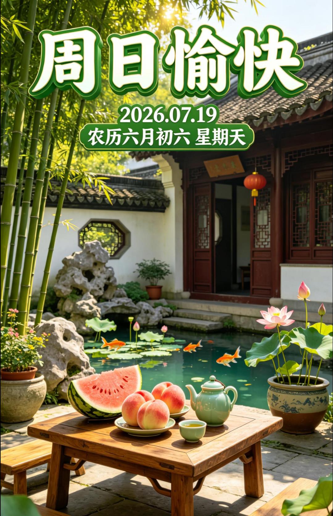 2026年7月19日，农历六月初六，周日早安！周日的清晨，是生活按下的