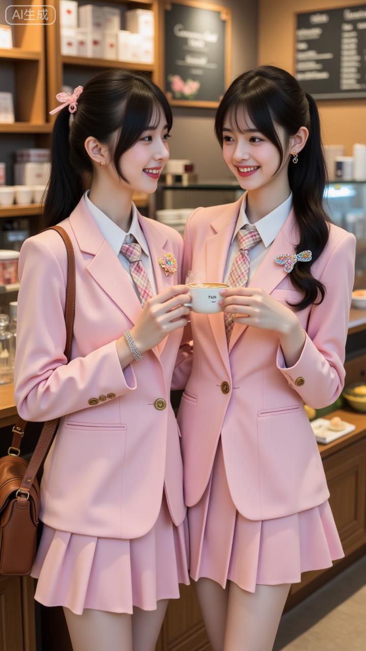 店里的粉西装双生甜妹好亮眼粉西装搭格纹领结，蝴蝶胸针一衬，甜酷又软萌，捧着