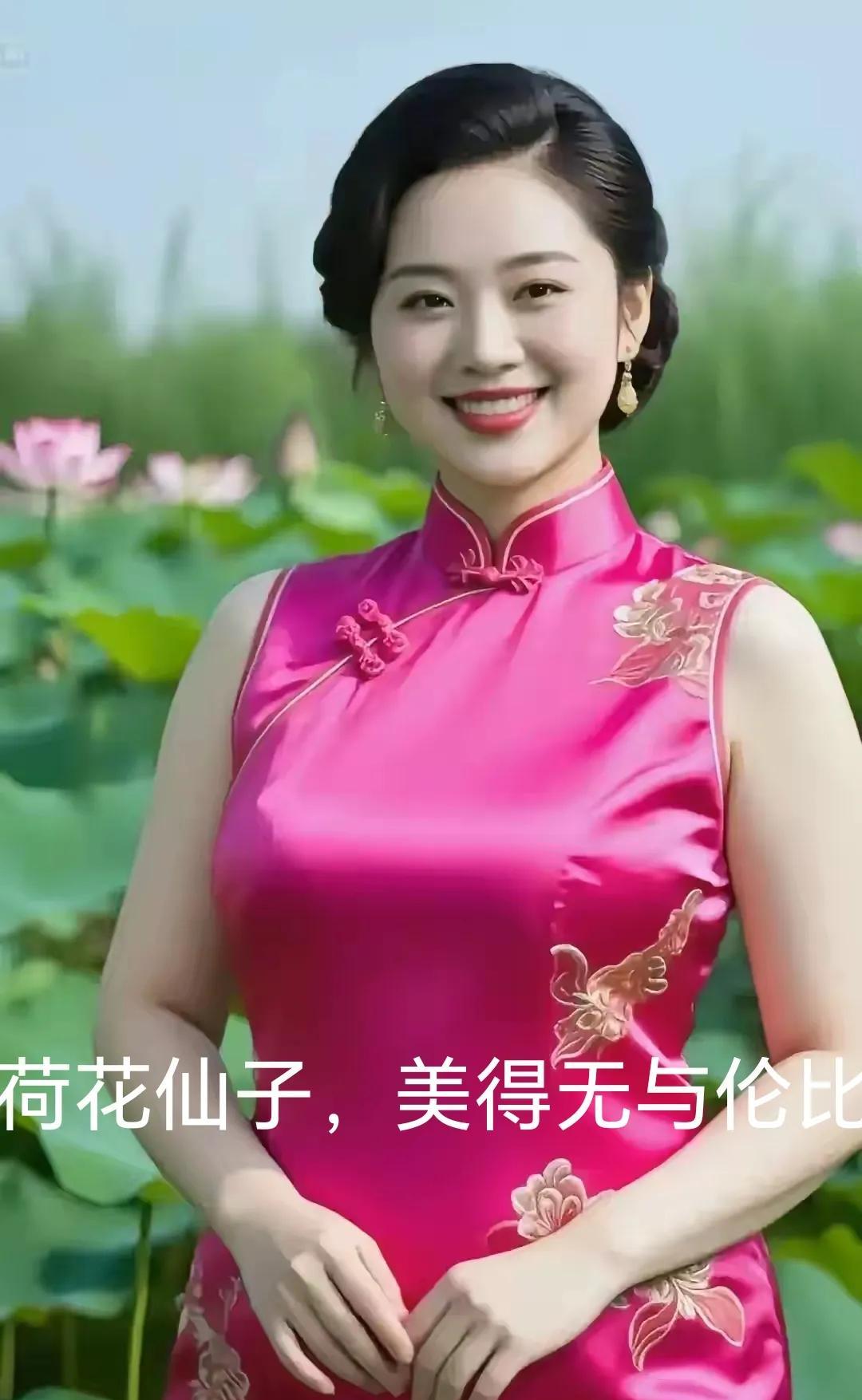 荷花仙子美得无与伦比。漂亮美女，心旷神怡，美女向你笑，愉悦心情无限好。荷花仙子，