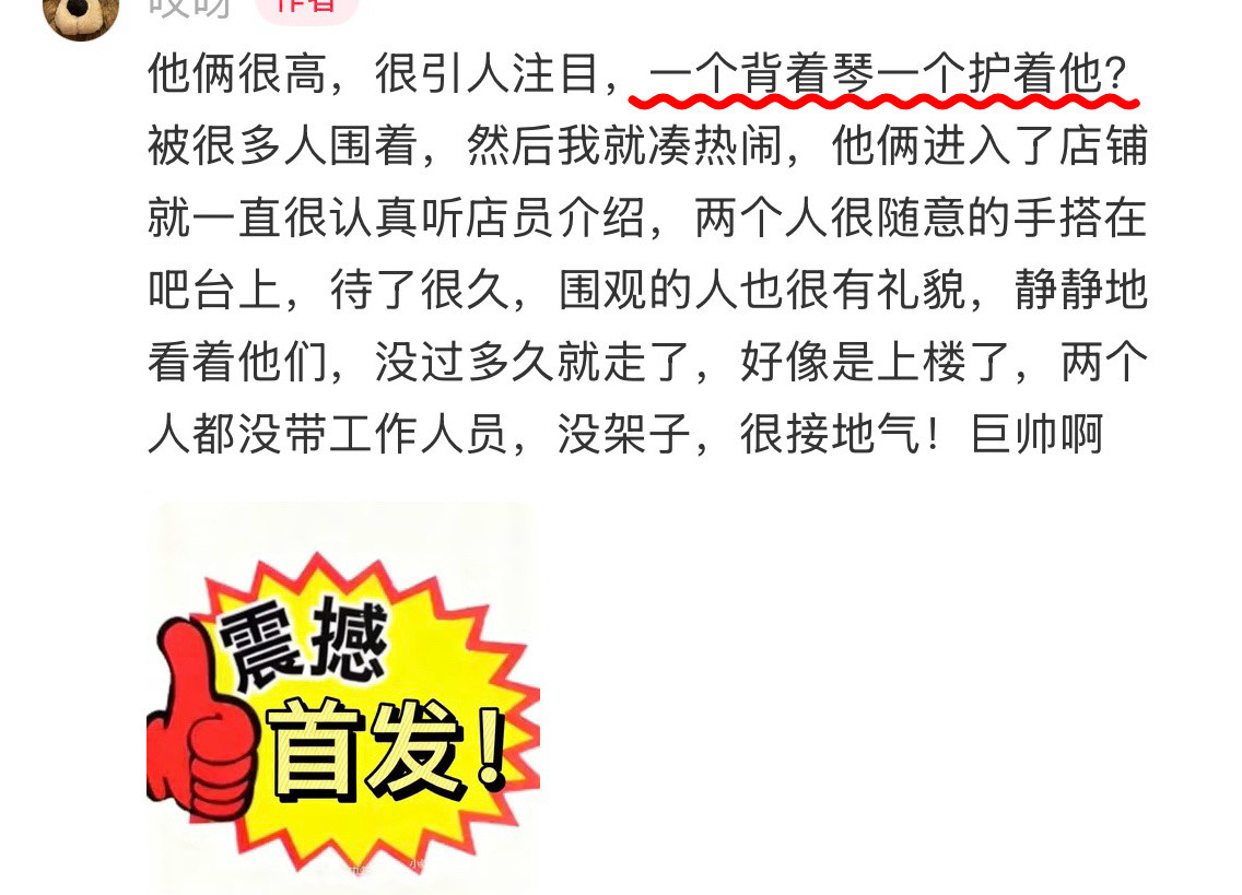 围观买手机的路人对他们的描述是：“一个背着琴一个护着他”
