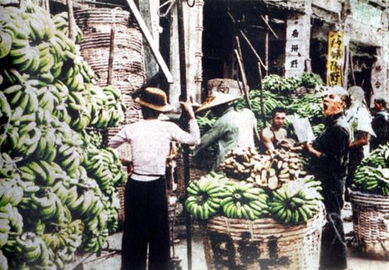 这是上世纪40年代广州水果批发市场，成垛的香蕉把粗竹筐堆得冒了尖，青黄的蕉串裹着