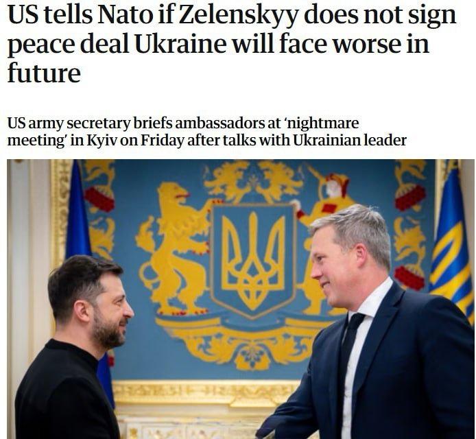 据英国《卫报》报道，昨天在基辅的会议上，美国警告北约，如果乌克兰总统泽连斯基拒绝