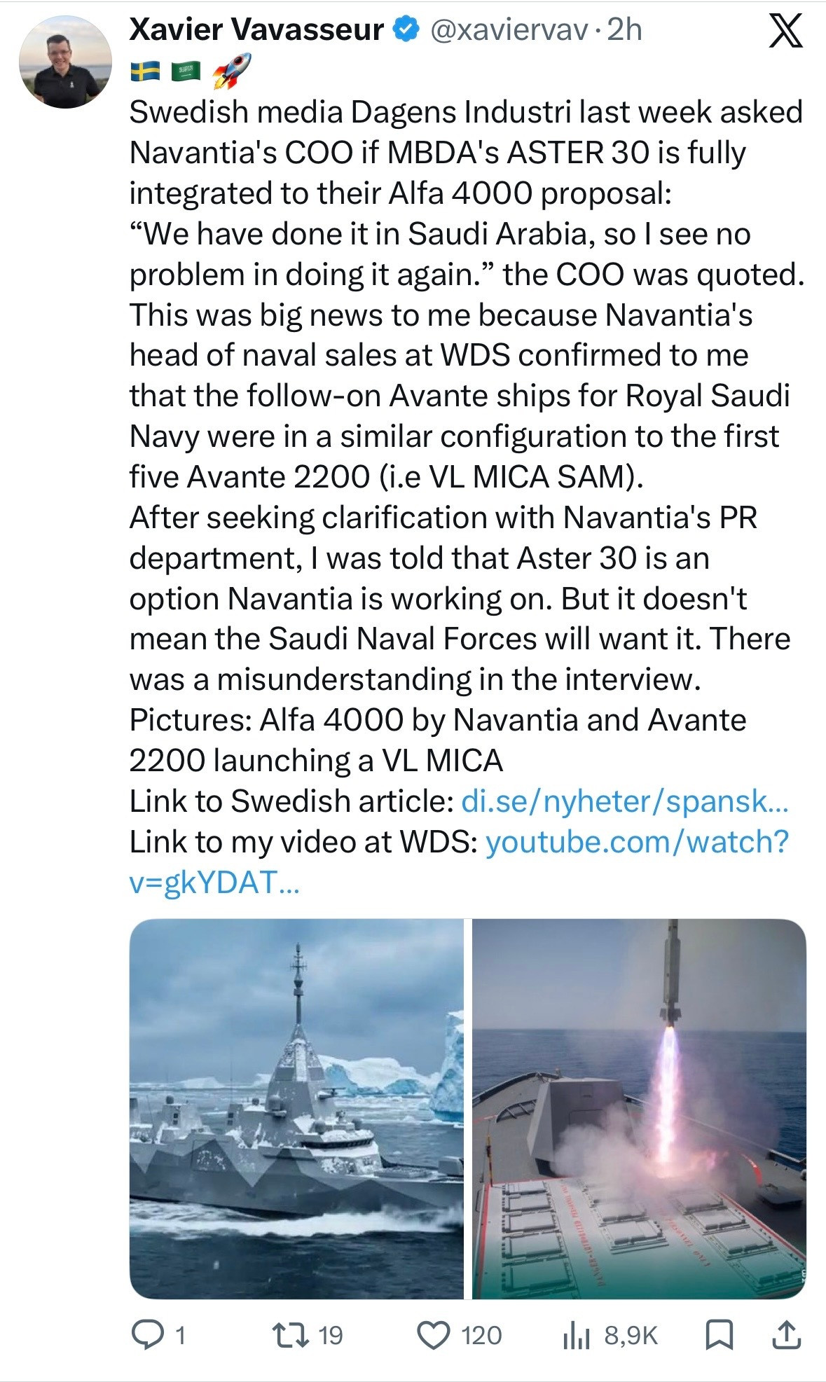 中外舰闻西班牙🇪🇸纳凡蒂亚公司的COO对在其竞标瑞典🇸🇪皇家海军的Al