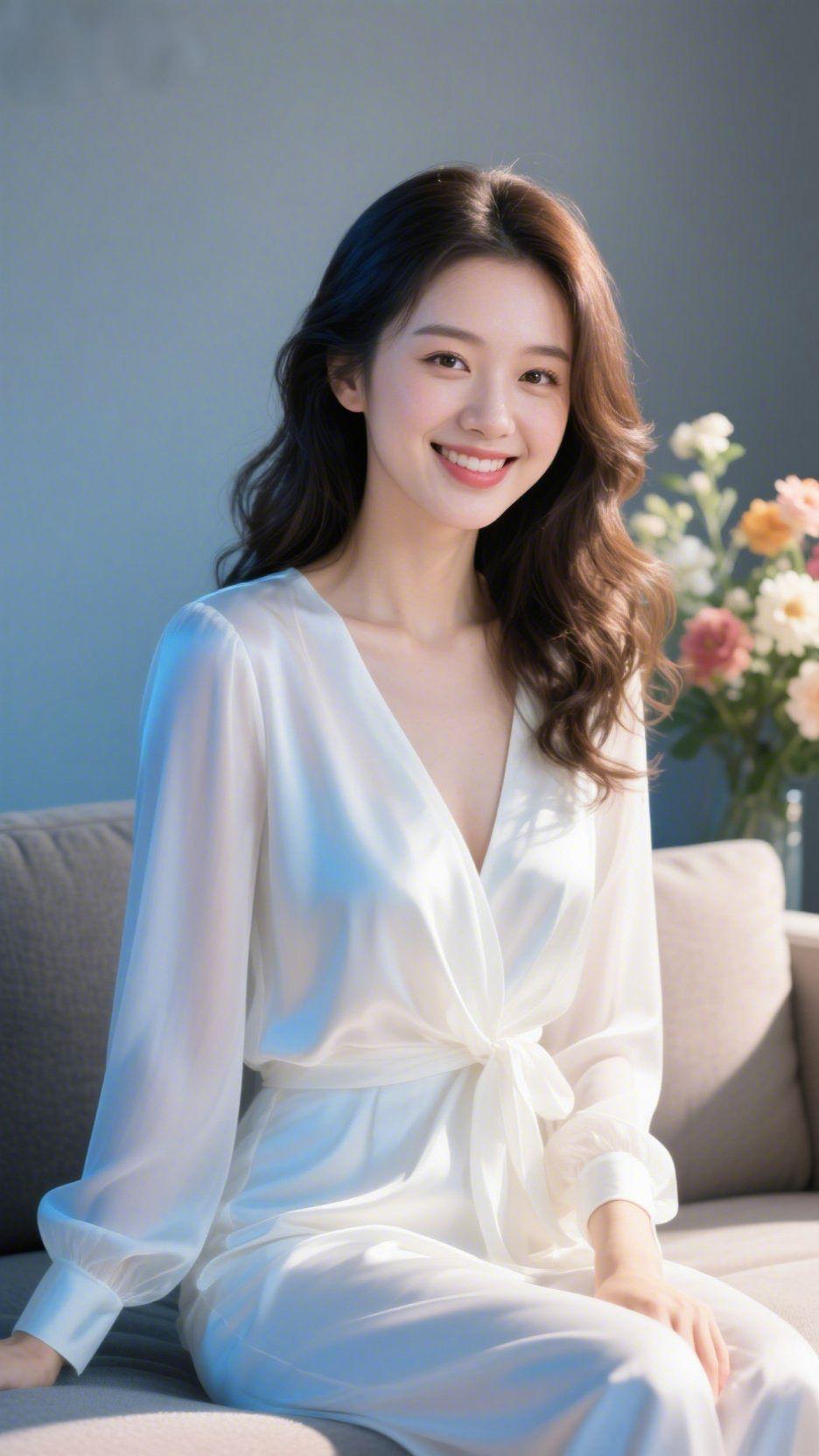 《白衫裹着柔光闲》浅光轻落沙发时，她静坐在暖调的舒展里。白衫浸着缎面