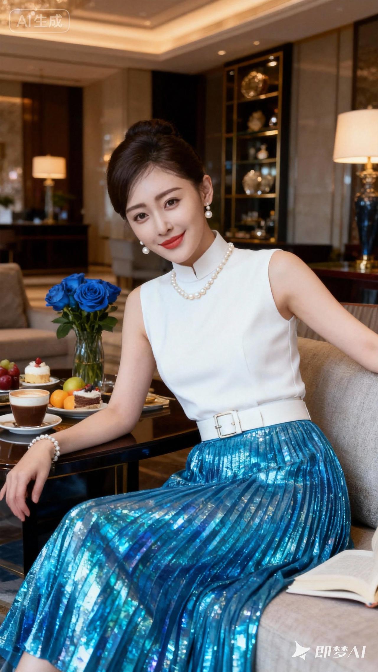 优雅下午茶时光，蓝裙白衣，尽显时尚魅力
