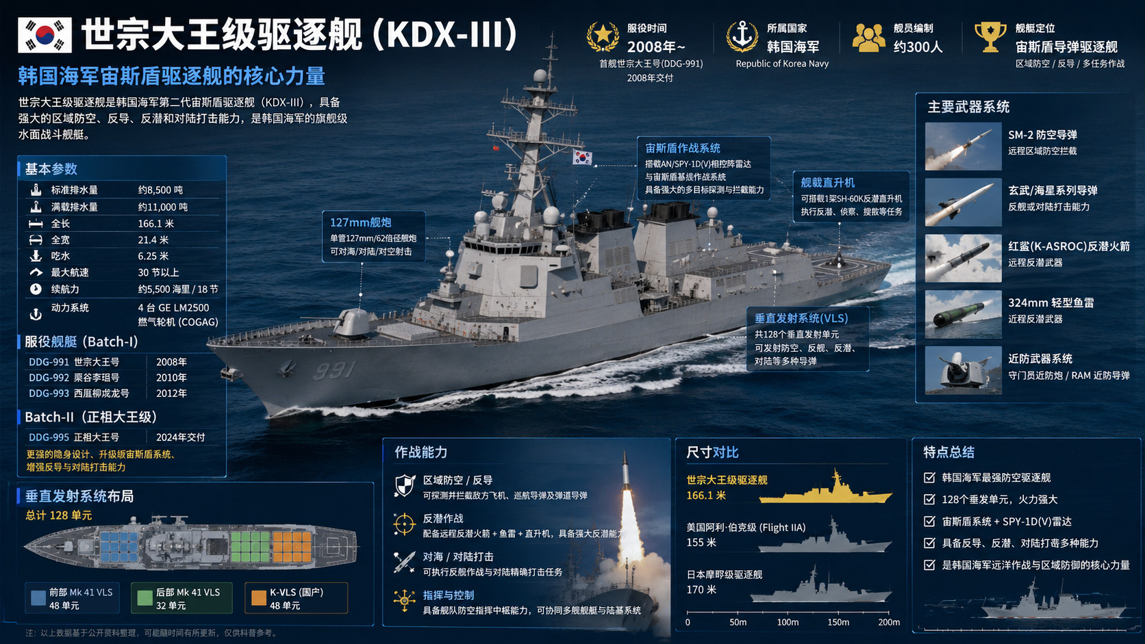韩国世宗大王级驱逐舰，韩方代号KDX-III，是韩国海军第一代大型宙斯盾驱逐舰