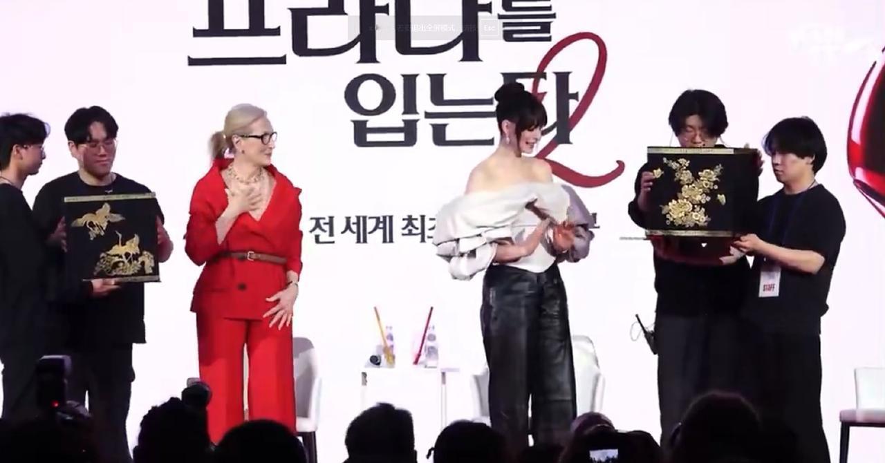 韩国给安妮海瑟薇和梅丽尔的礼物绣花高跟鞋，好搞笑啊一股子日本味儿是怎么回事