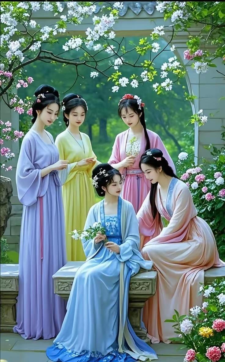 赞仙钗春深庭院，繁花如瀑。六姝着襦裙而来，恰似仙娥临凡。淡紫、明黄、粉黛、柔蓝
