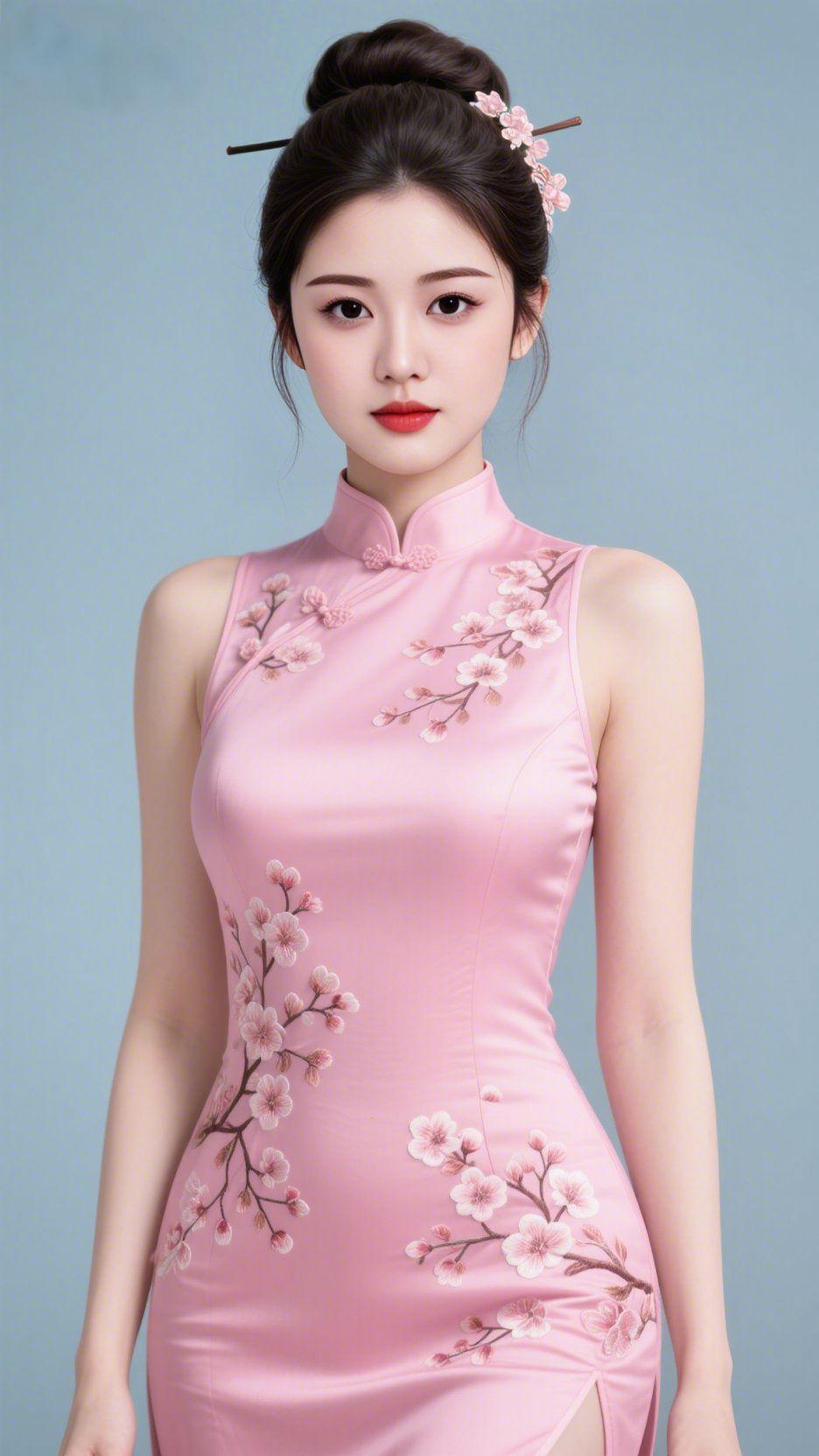 粉襟载满梅柔浅蓝底色里，她身着柔粉旗袍，缎面漾着轻软光泽，绣枝春梅从襟边延