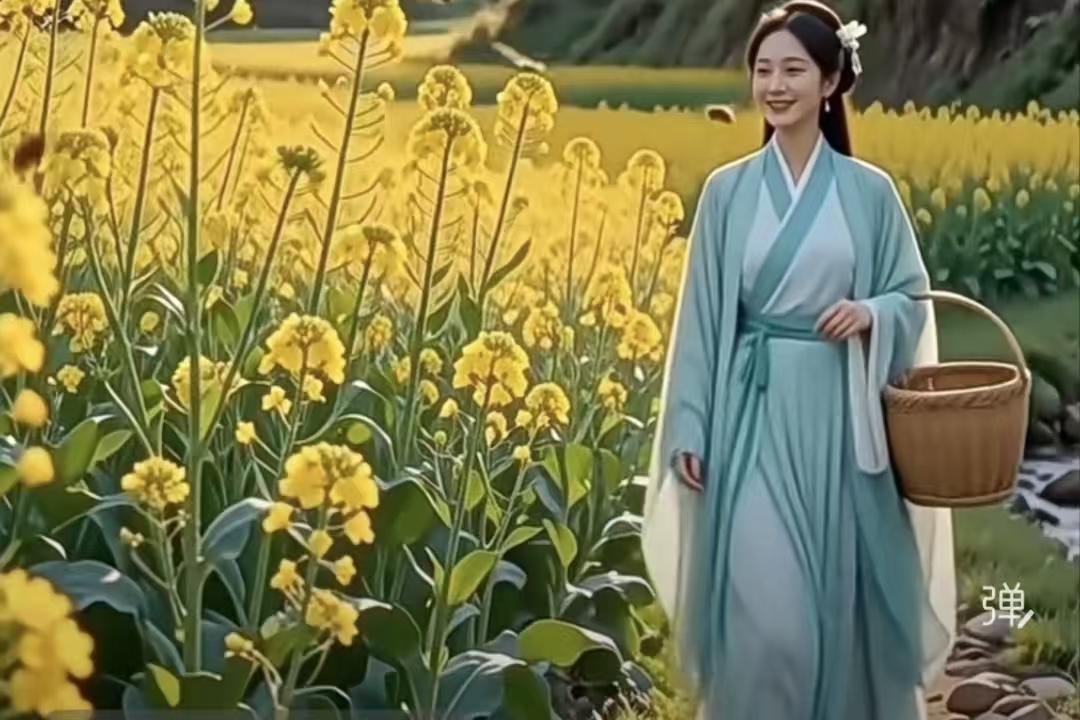 油菜花一块宝石山涧藏，碧翠透黄含郁香。人间三月映曦光，惹来蜂蝶暗自忙。