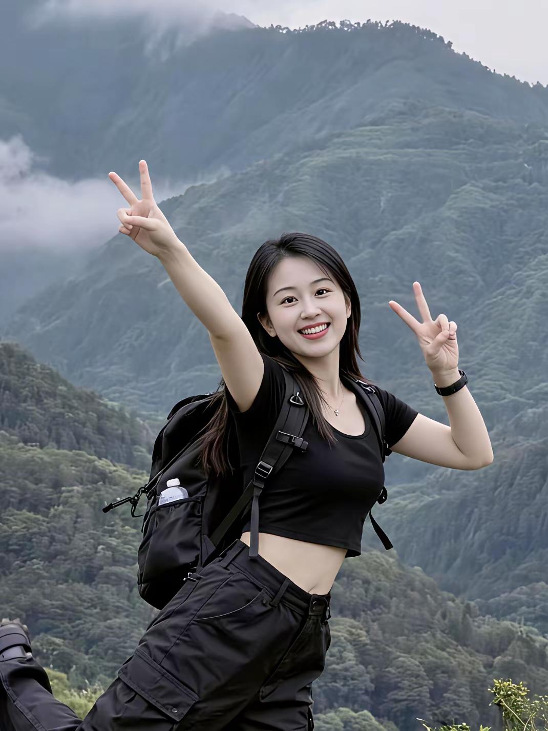 山间少女，微笑比V，背包徒步，自由自在
