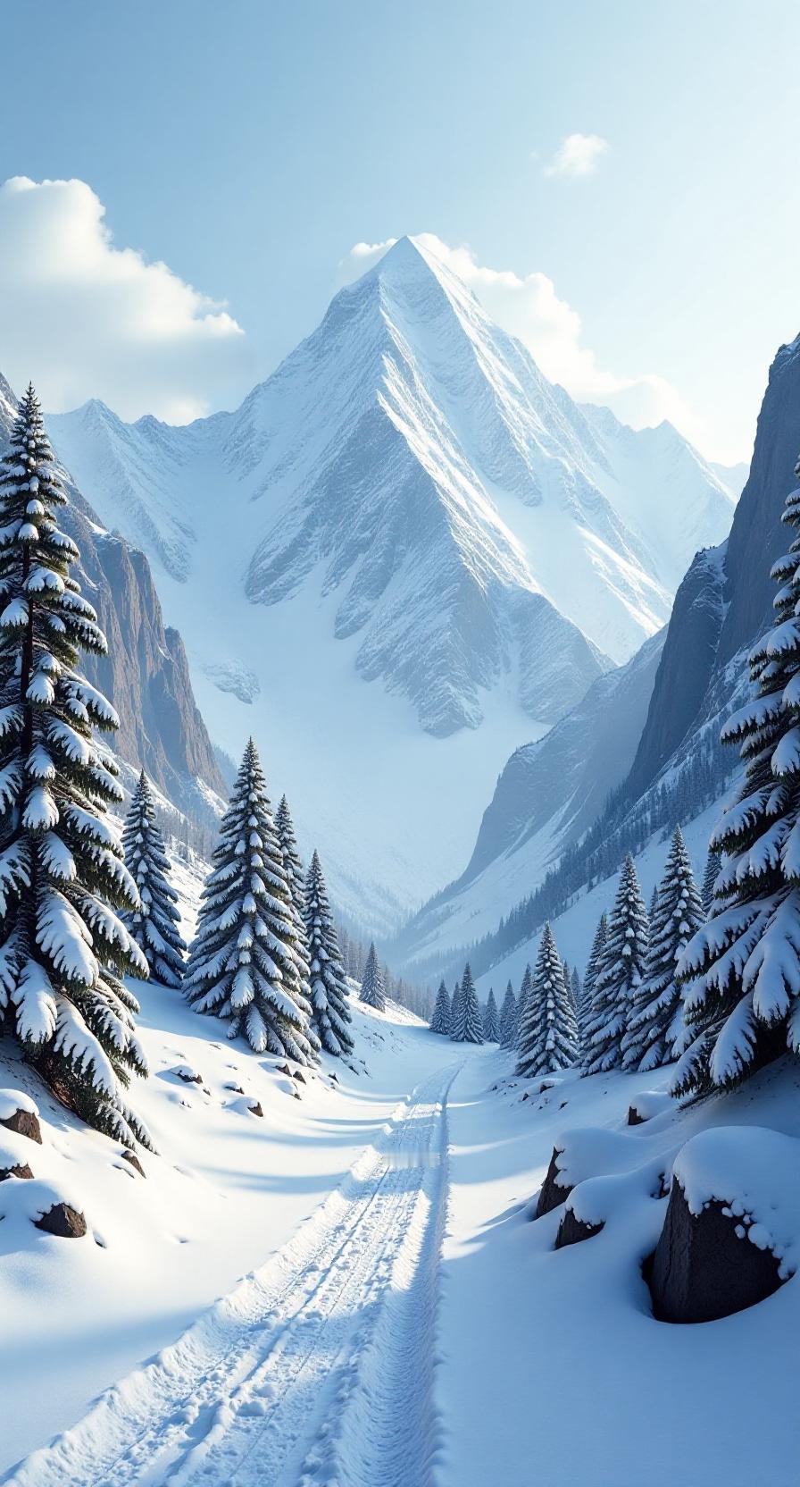 冬日生活打卡季一条被积雪覆盖的小径蜿蜒伸向远方，车辙痕迹点缀其上，通向巍峨的雪山