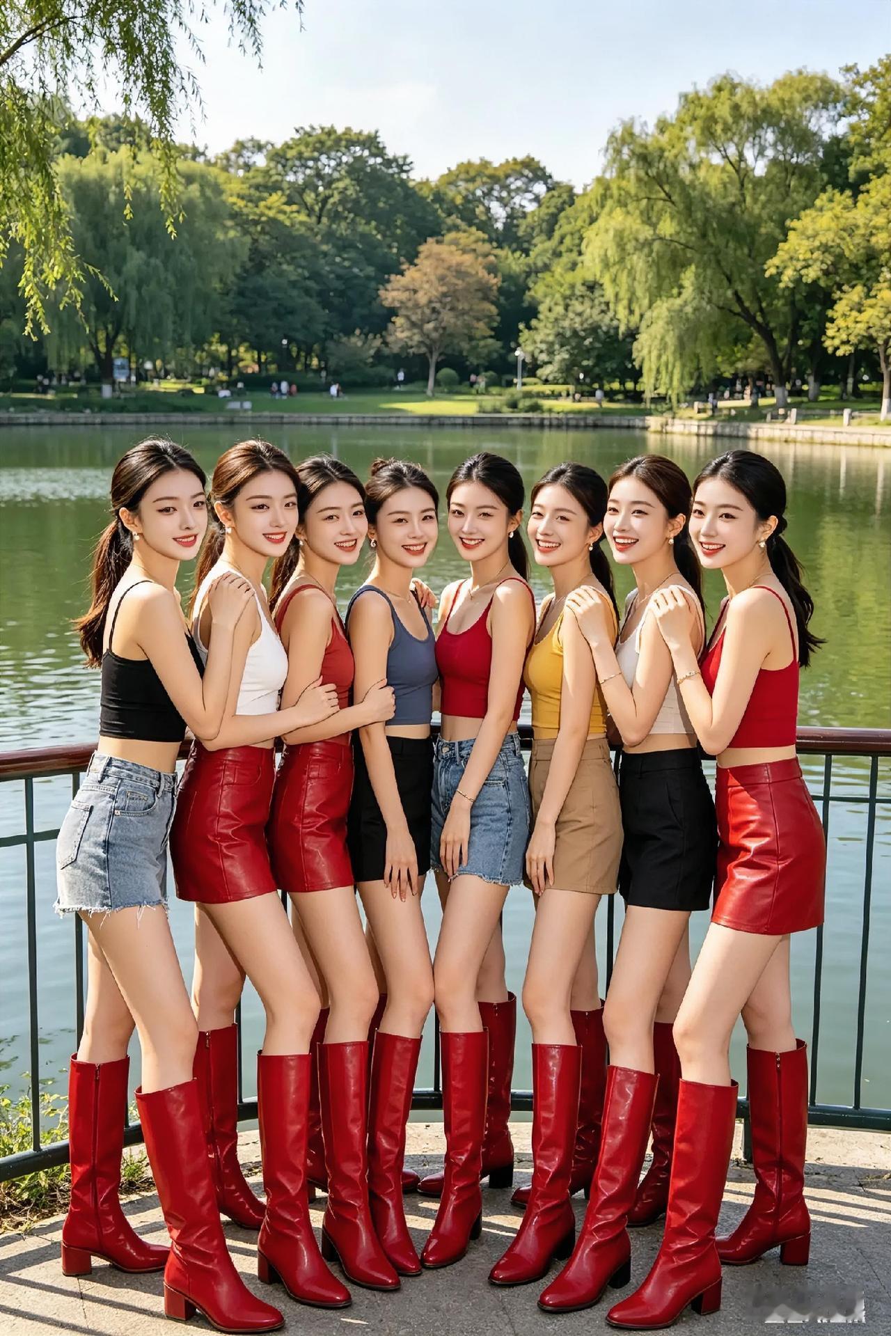 青春洋溢的闺蜜照，红靴子与绿树相映成趣！🌿👠👭公园闺蜜合影少女感闺蜜