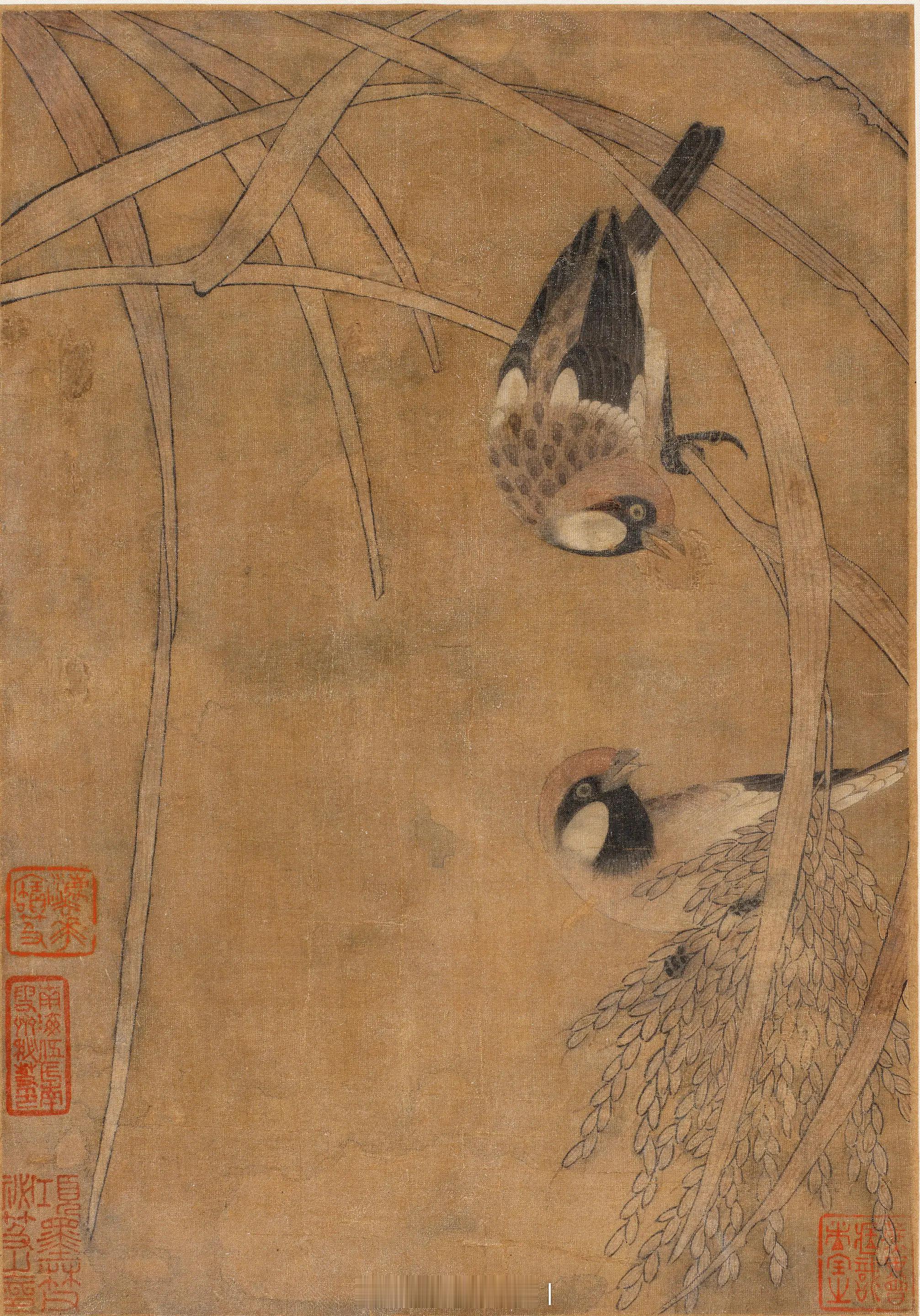 明或更早佚名花鸟图绢本设色册页一开款识：宋人谷丰禽乐钤印：法华宝笈项墨