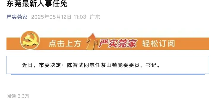 陈智武任东莞市茶山镇党委书记