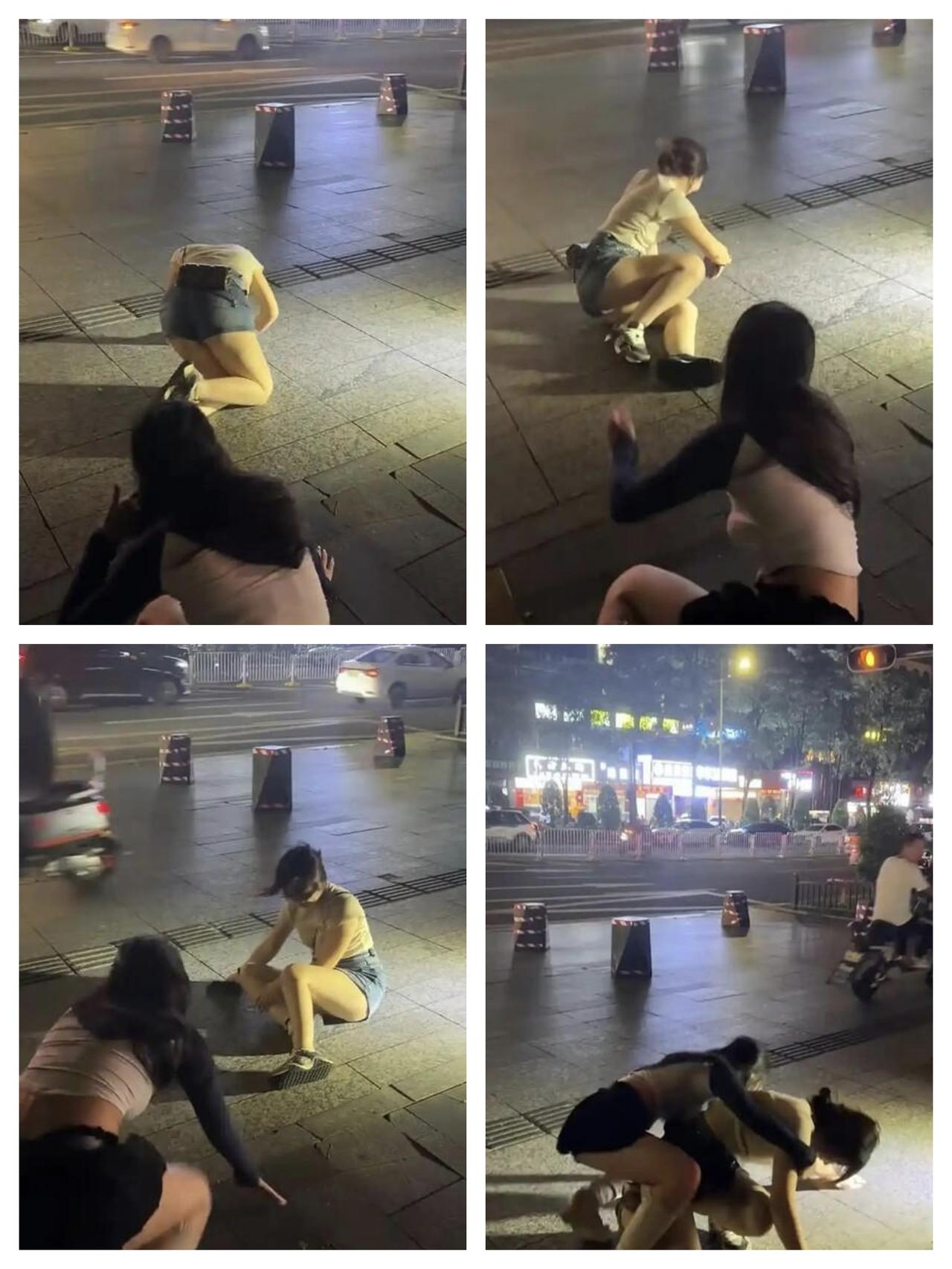 女孩与闺蜜聚会双双醉酒，夜晚在街头打滚。一热心路人记录了这一画面，并帮忙联系了