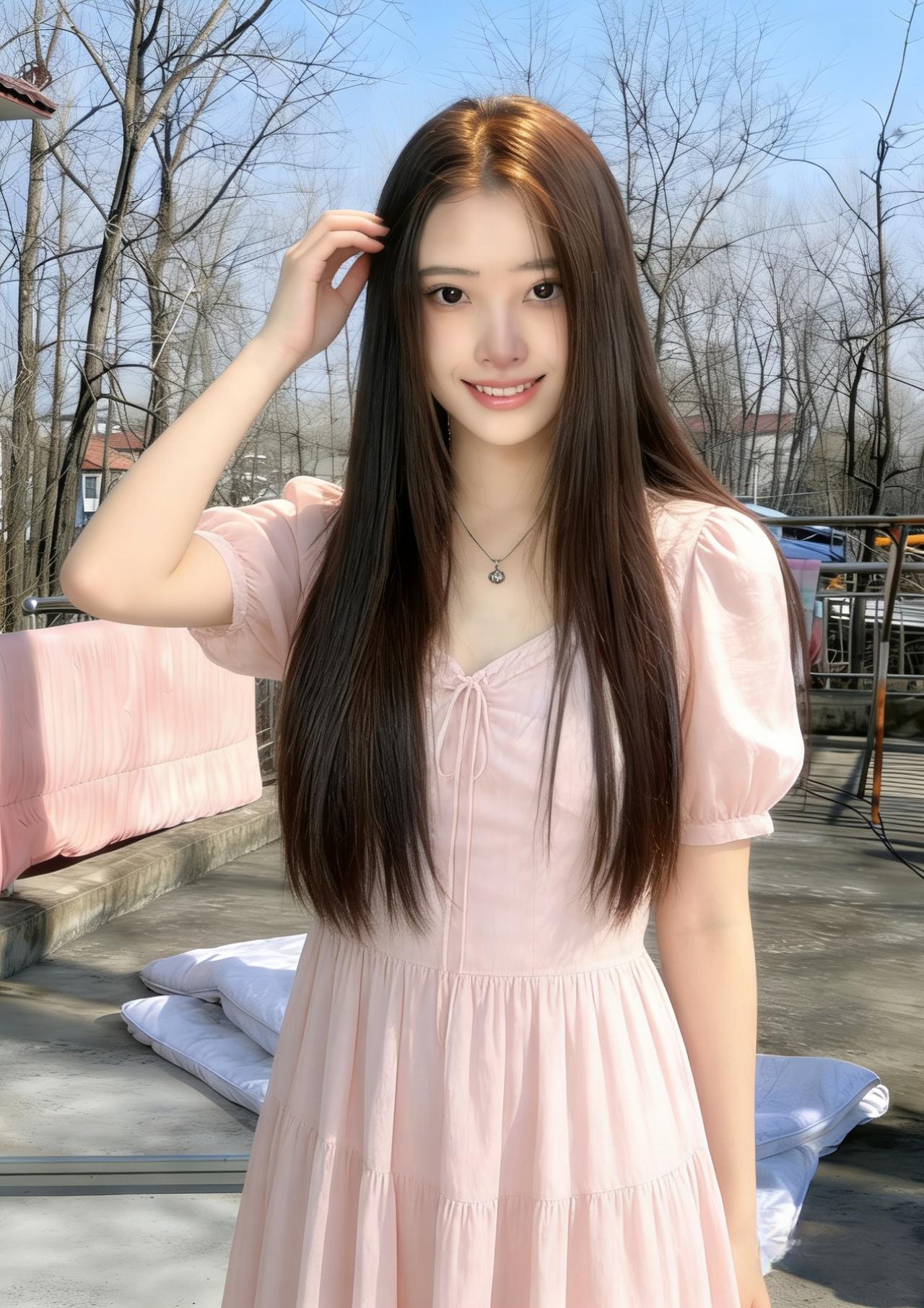 庭前风软，美人凝睇远。鬓畔花光随春转，眼底波光如练。～不语含颦意深，