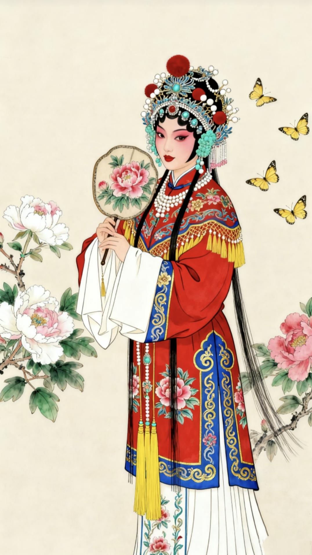 素材|戏曲人物蝶舞花间戏服美，一扇轻摇倾城色，古韵悠悠醉人心传统文化正能量