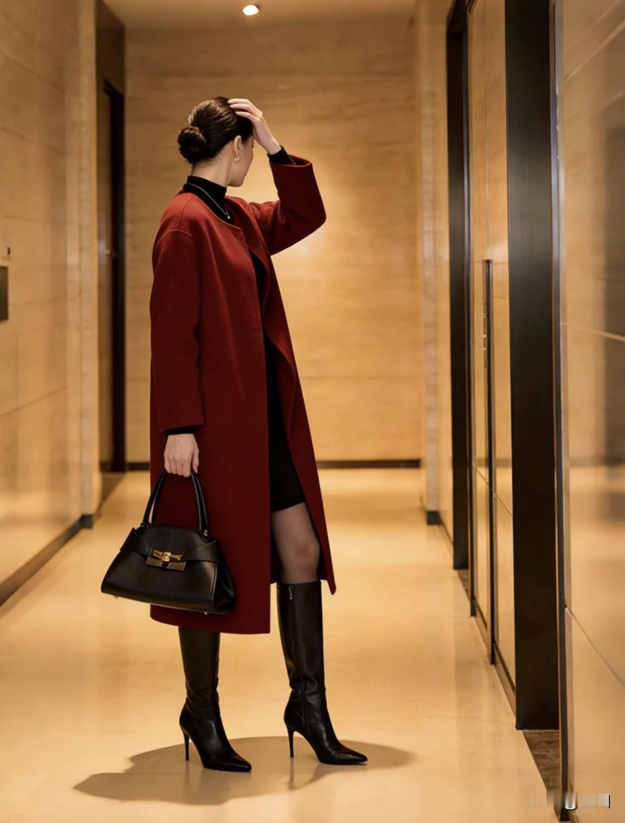 风衣跟裙子应如何搭配红色风衣配黑色短裙，简直是冬日里的王炸组合。红色打破沉闷，黑