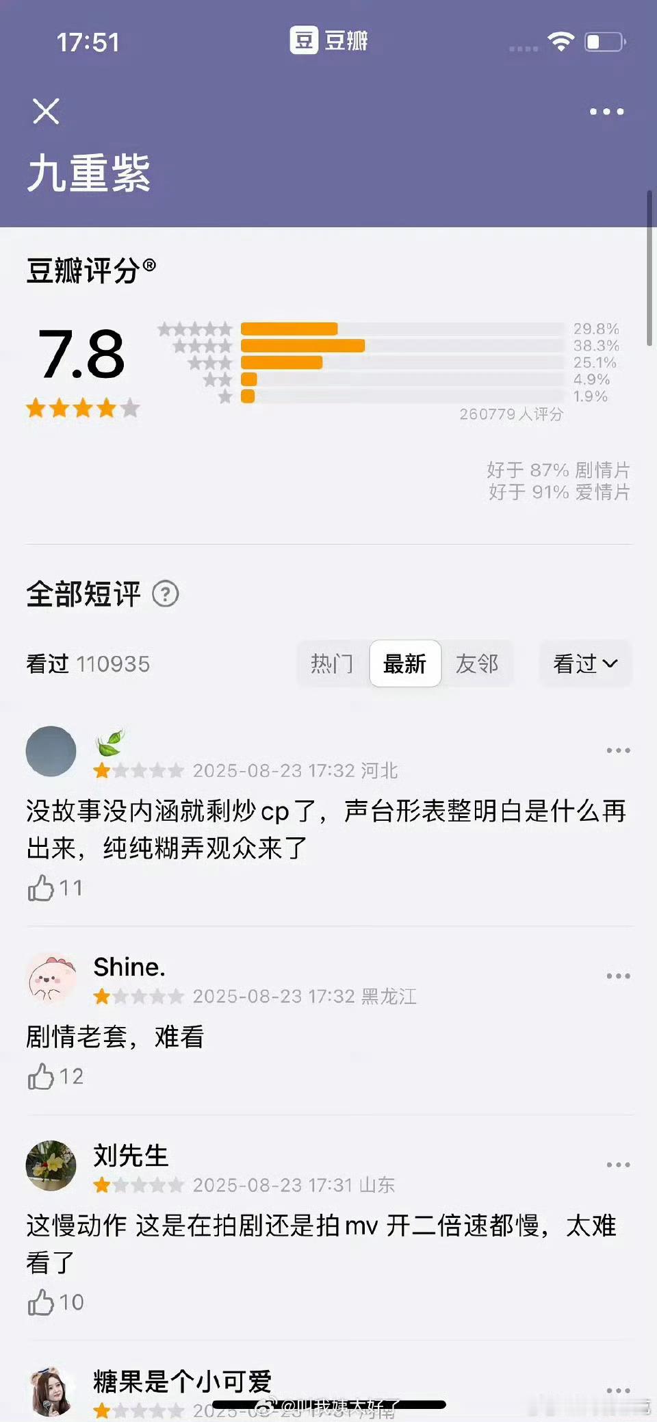 九重紫今天突然被大量一星了，本来还想问咋回事，突然想起到孟子义粉和杨紫粉在☎[d