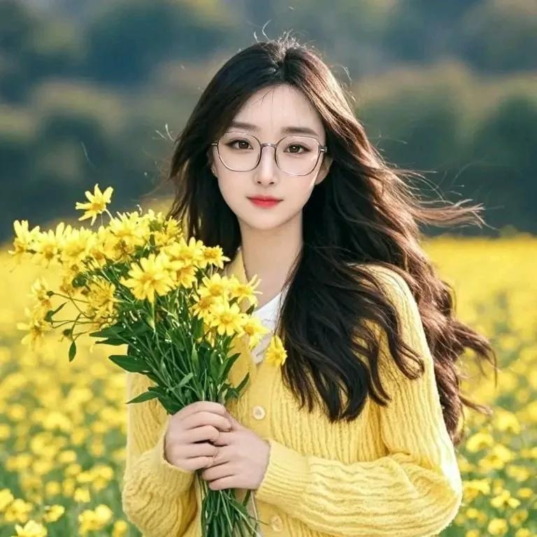 阳光下的黄色花海，温柔的女孩与花相伴花海少女照花海少女感紫色小花海紫色花海