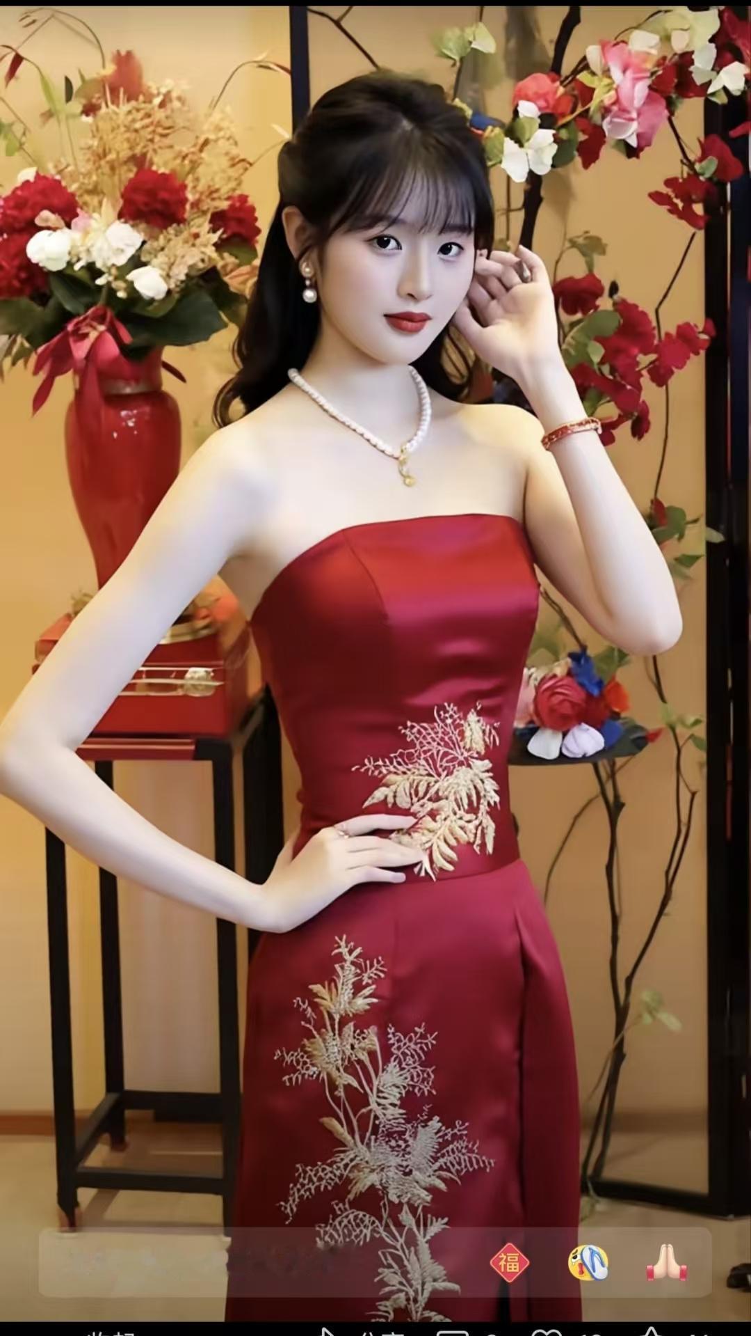 东方红裙韵红裙优雅绽繁花，珠宝流辉映物华。尽显东方千古韵，风姿绰约梦天涯