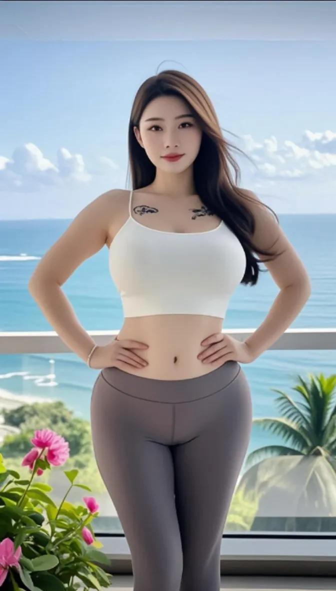 《海滨活力：时尚与健康的完美融合》在碧海蓝天的映衬下，她宛如一抹跃动的亮色。简