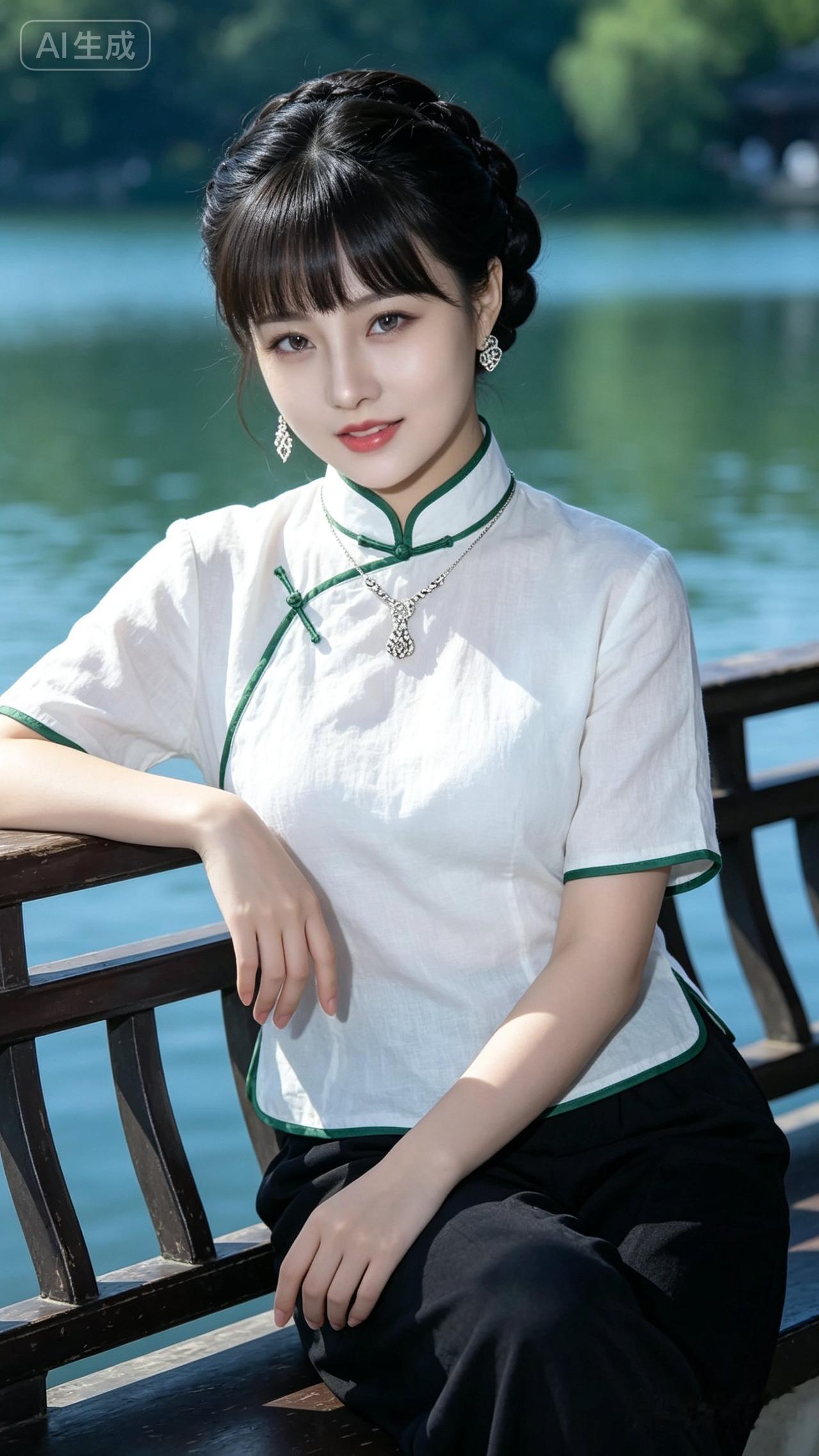 优雅旗袍少女，静坐湖畔，尽显古典韵味