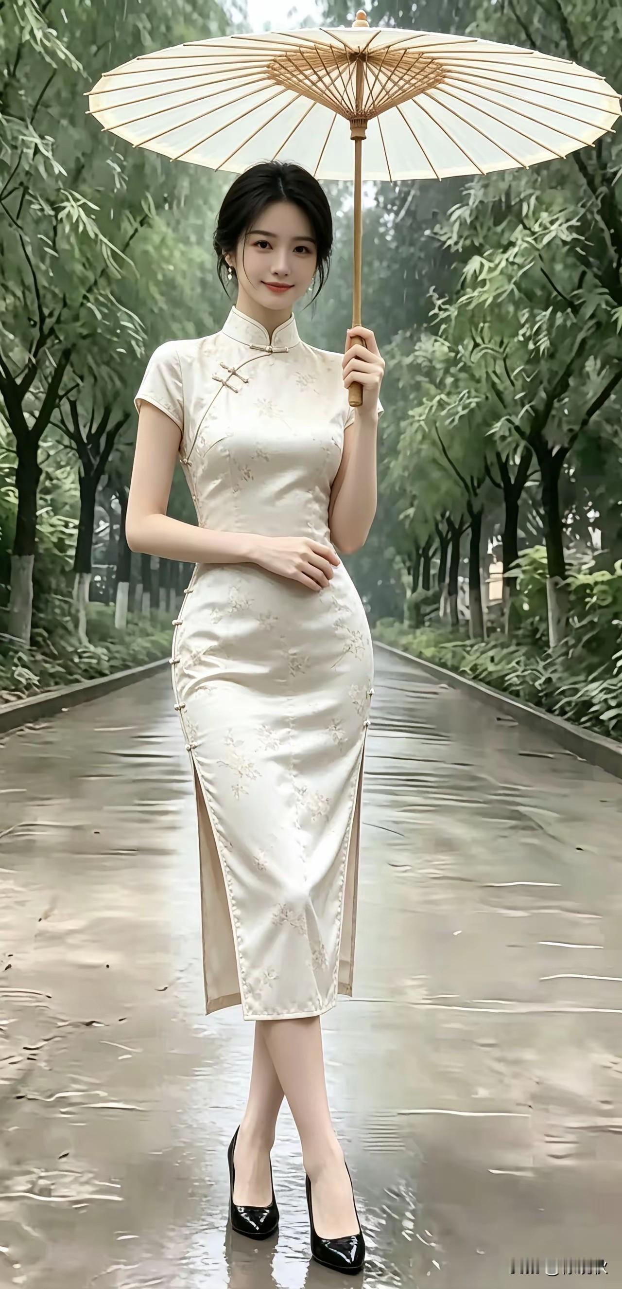 江南水乡，旗袍雅韵。白墙黛瓦，小桥流水。一把雨伞，一把折扇。翩若惊鸿，宛若