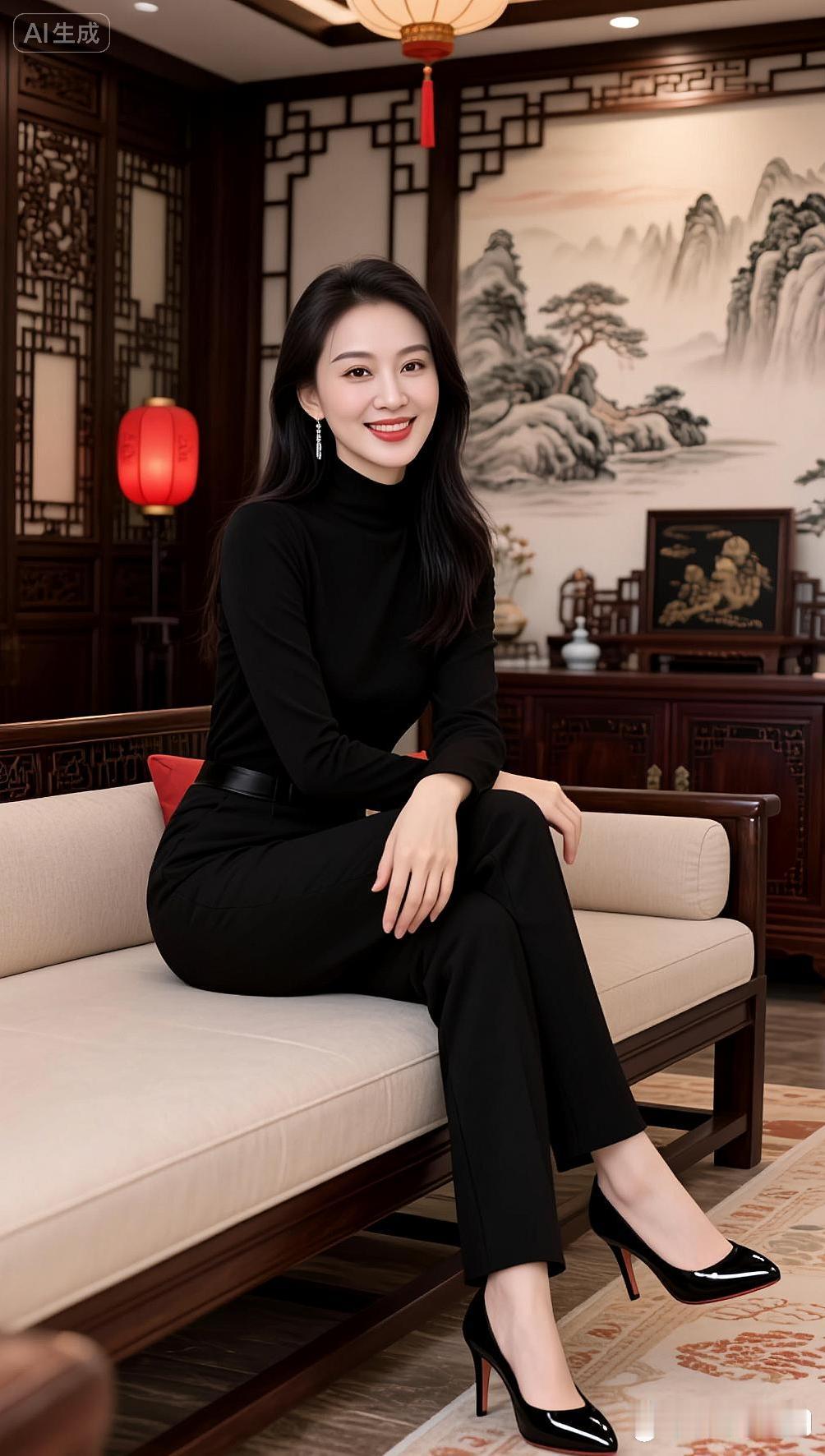想象一下，一位优雅黑衣美人端坐中式客厅，那画面宛如一幅绝美画卷，尽显东方韵味。就