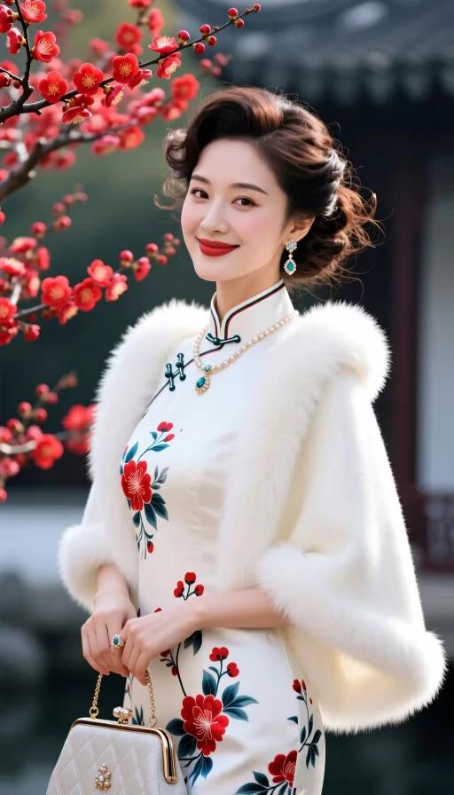 旗袍雅致韵味生，白底牡丹显风情。