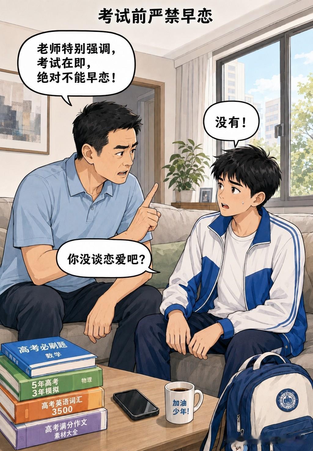 趣味漫画：爸爸：老师特别强调，考试在即，绝对不能早恋！你没谈恋爱吧？儿子：没有，