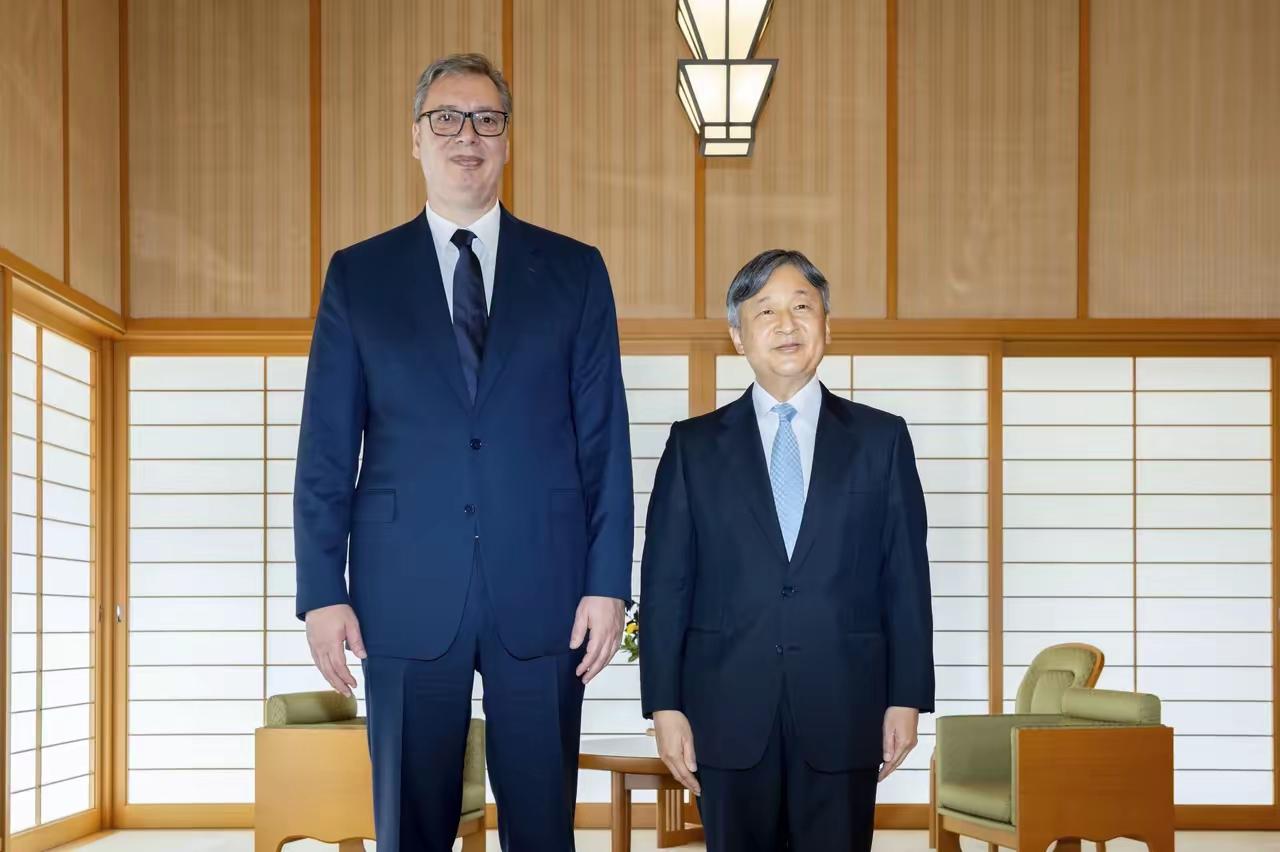 看看日本天皇跟武契奇站在一起，非常有喜剧感。既然如此，为什么不坐着合影？在日本