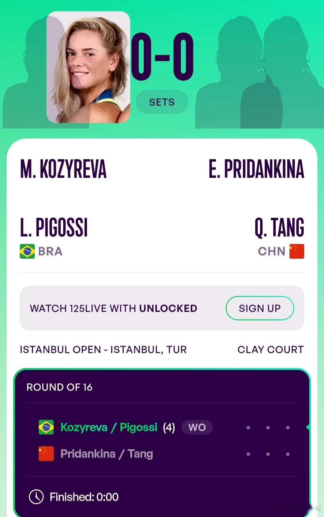 WTA125伊斯坦布尔站🇹🇷女双第1轮普里丹金娜🇷🇺因为个人原因没能赶到