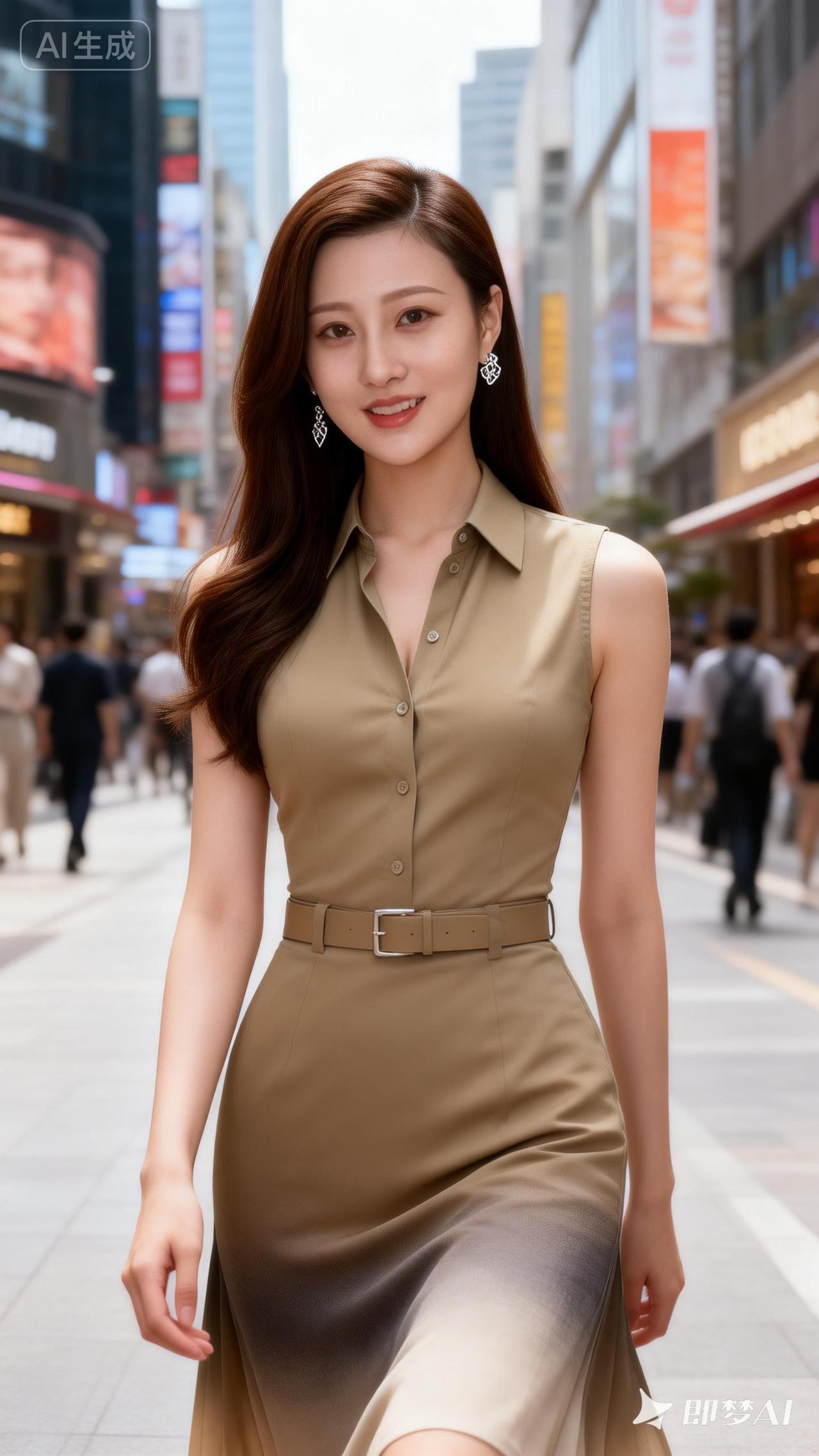 都市时尚女孩，优雅行走在繁华街头。