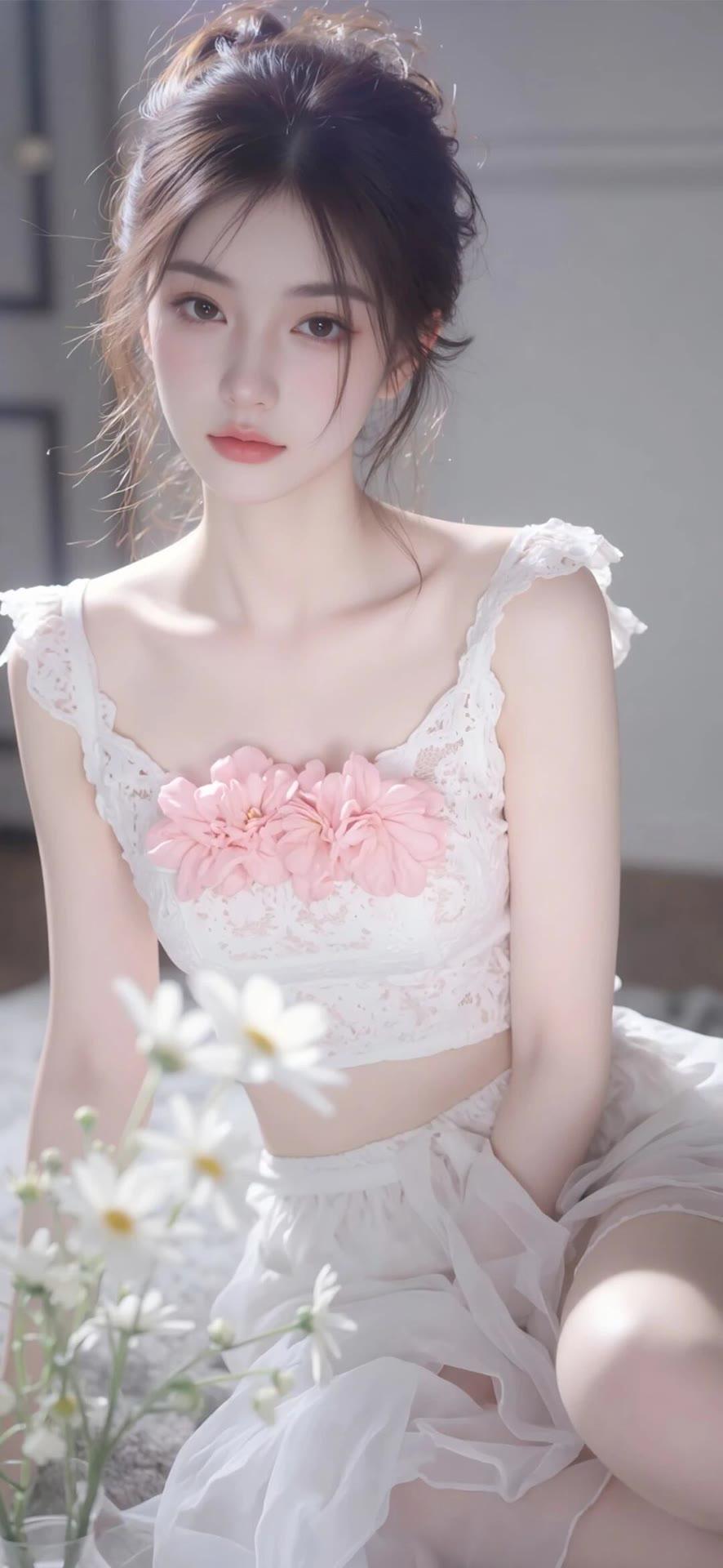 温柔少女风，粉色花朵点缀的蕾丝裙，梦幻般的氛围。