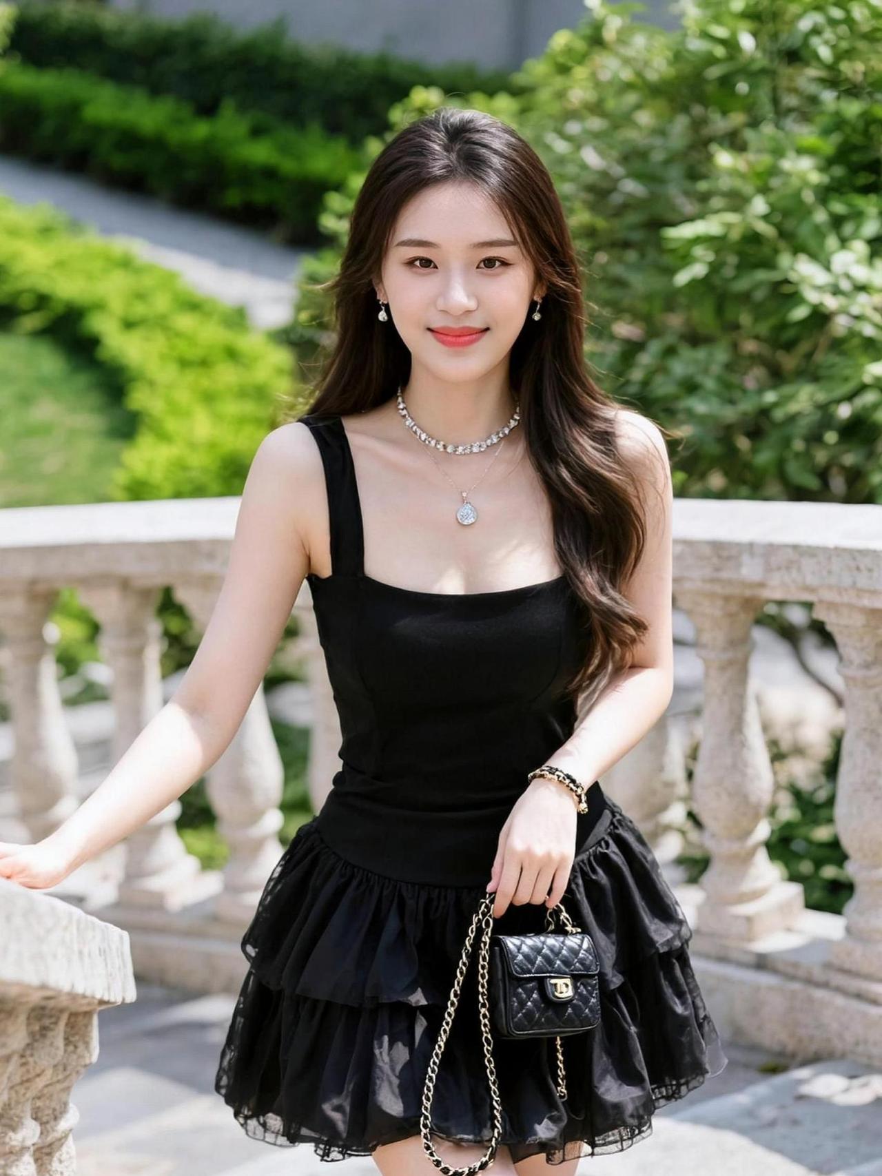 黑色连衣裙搭配蓬蓬裙摆，甜美与酷感并存，仿佛是夜空中最亮的星。简约大方的设计，轻