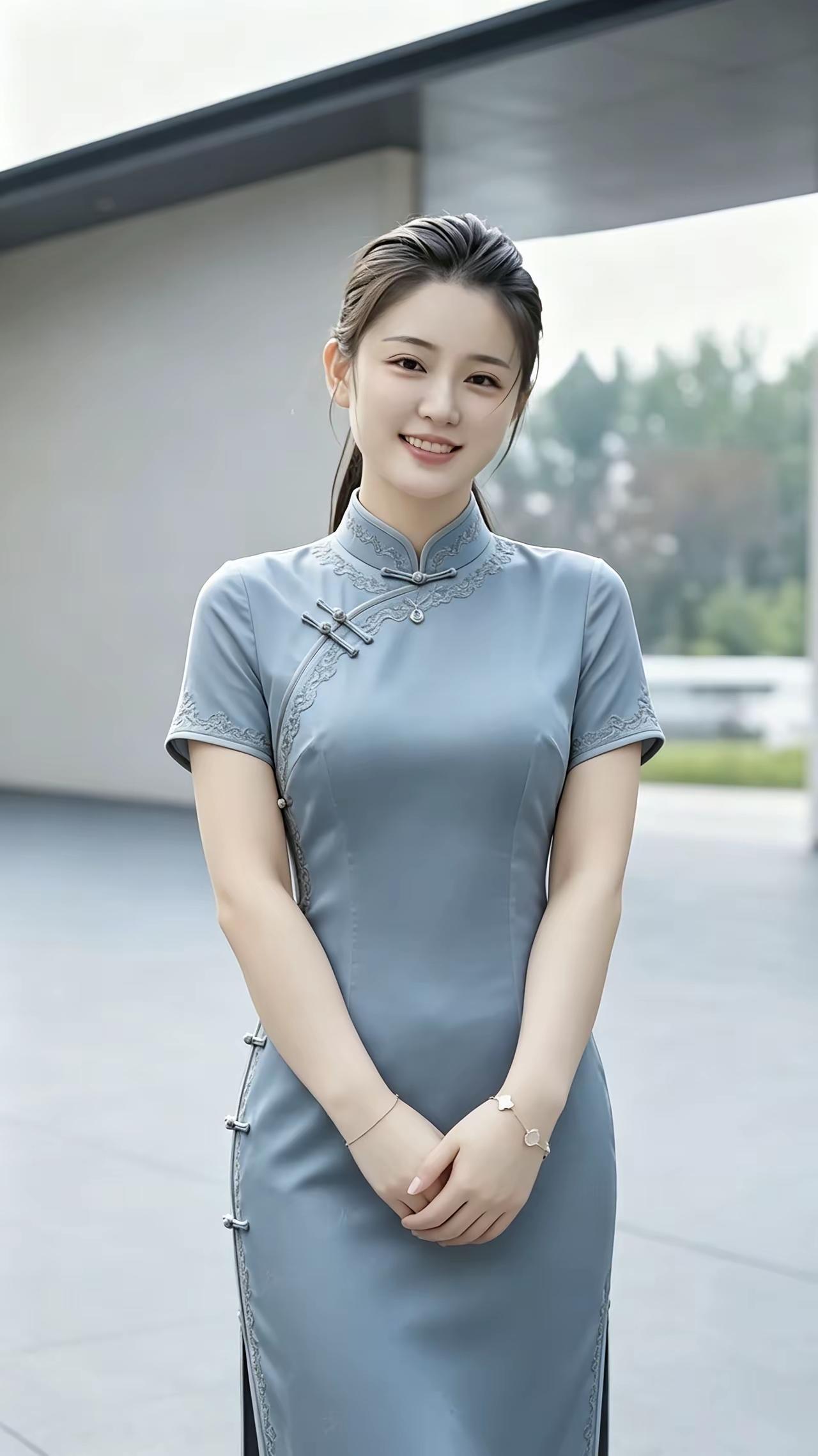 这位小姐姐穿着旗袍，微笑着站在户外。