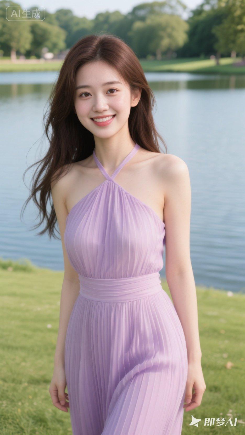 夏日清新穿搭，浅紫色连衣裙，湖畔漫步，自然清新。