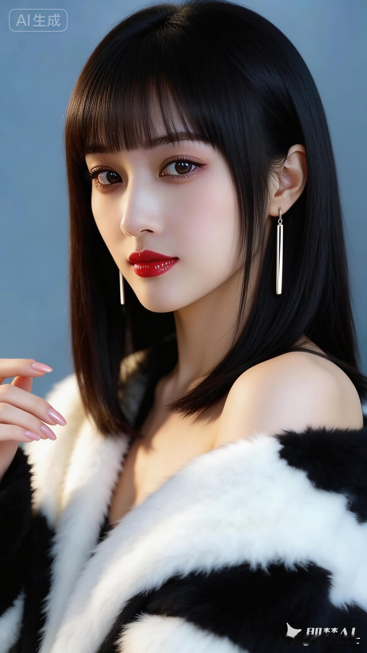 甜美御姐风，黑发红唇，毛绒外套，气质满满！💄👗💎