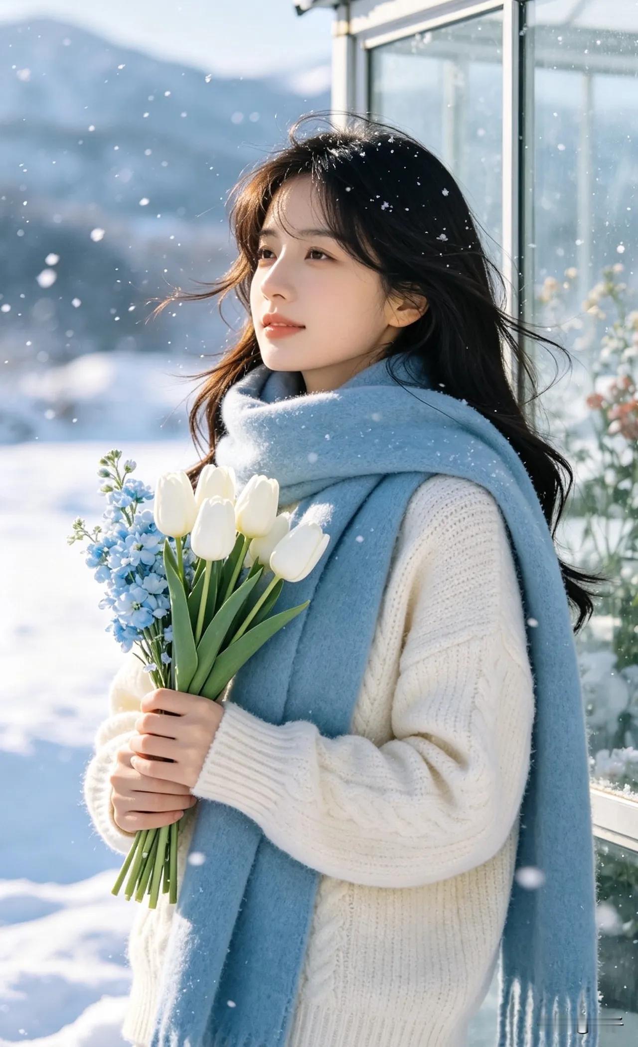 美女雪中站立，手捧鲜花等白马王子约会。即使天寒地冻，仍然痴心不变。怀揣小鹿乱撞，