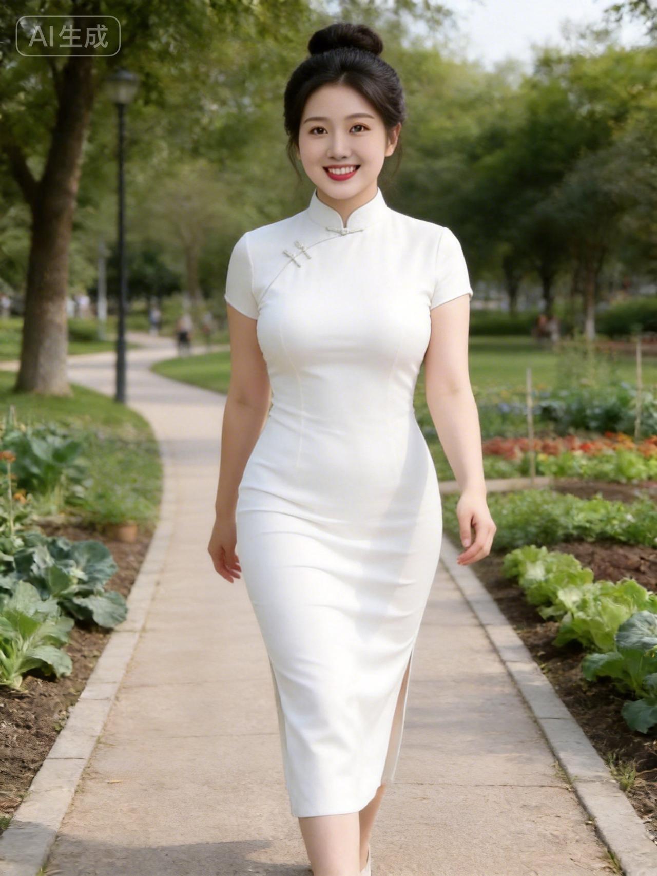 优雅旗袍漫步绿意盎然的小径，尽显东方韵味！🌿💃