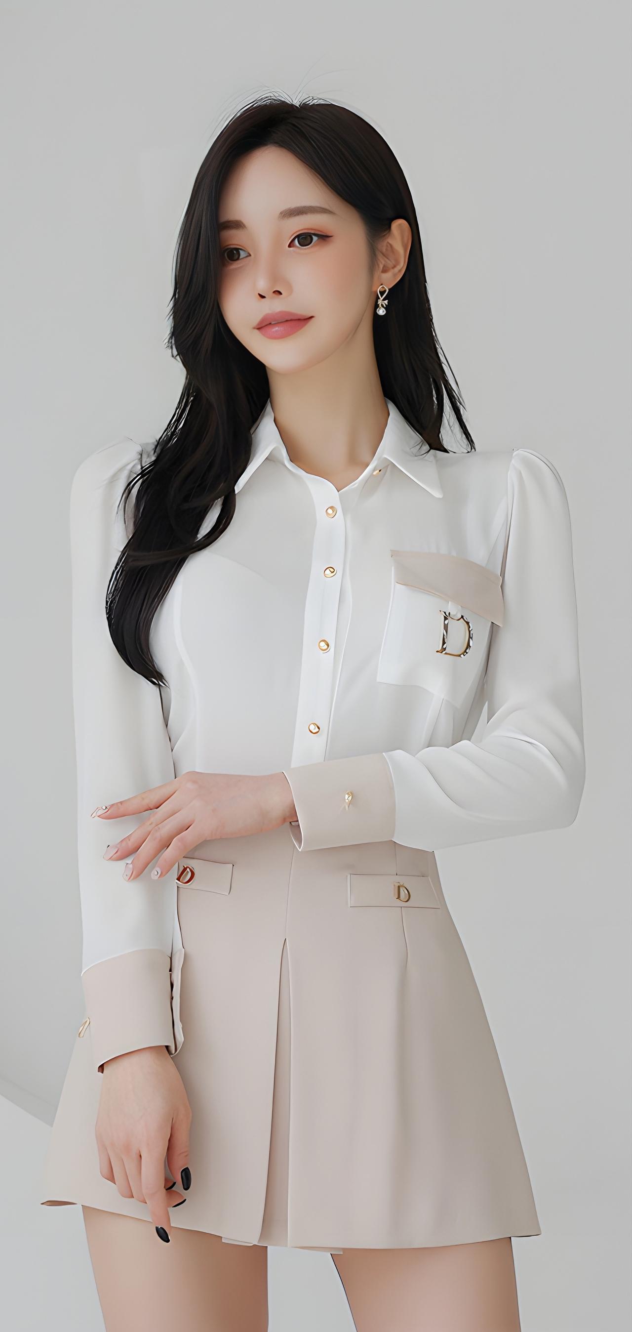 优雅白衬衫搭配米色短裙，简约时尚，气质满分！👗👠