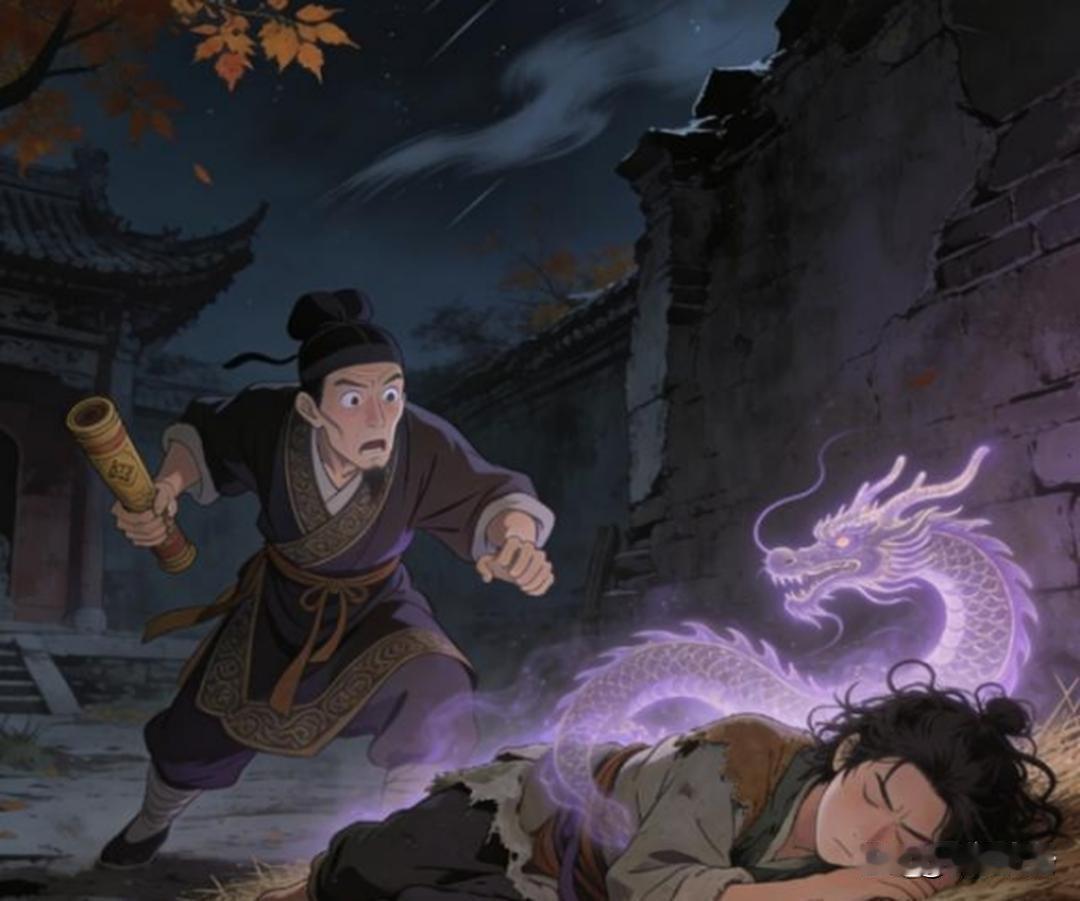 唐朝时期，李淳风夜宿破庙，见一乞丐睡姿如龙，头顶有紫气环绕，他大惊失色，断言：此