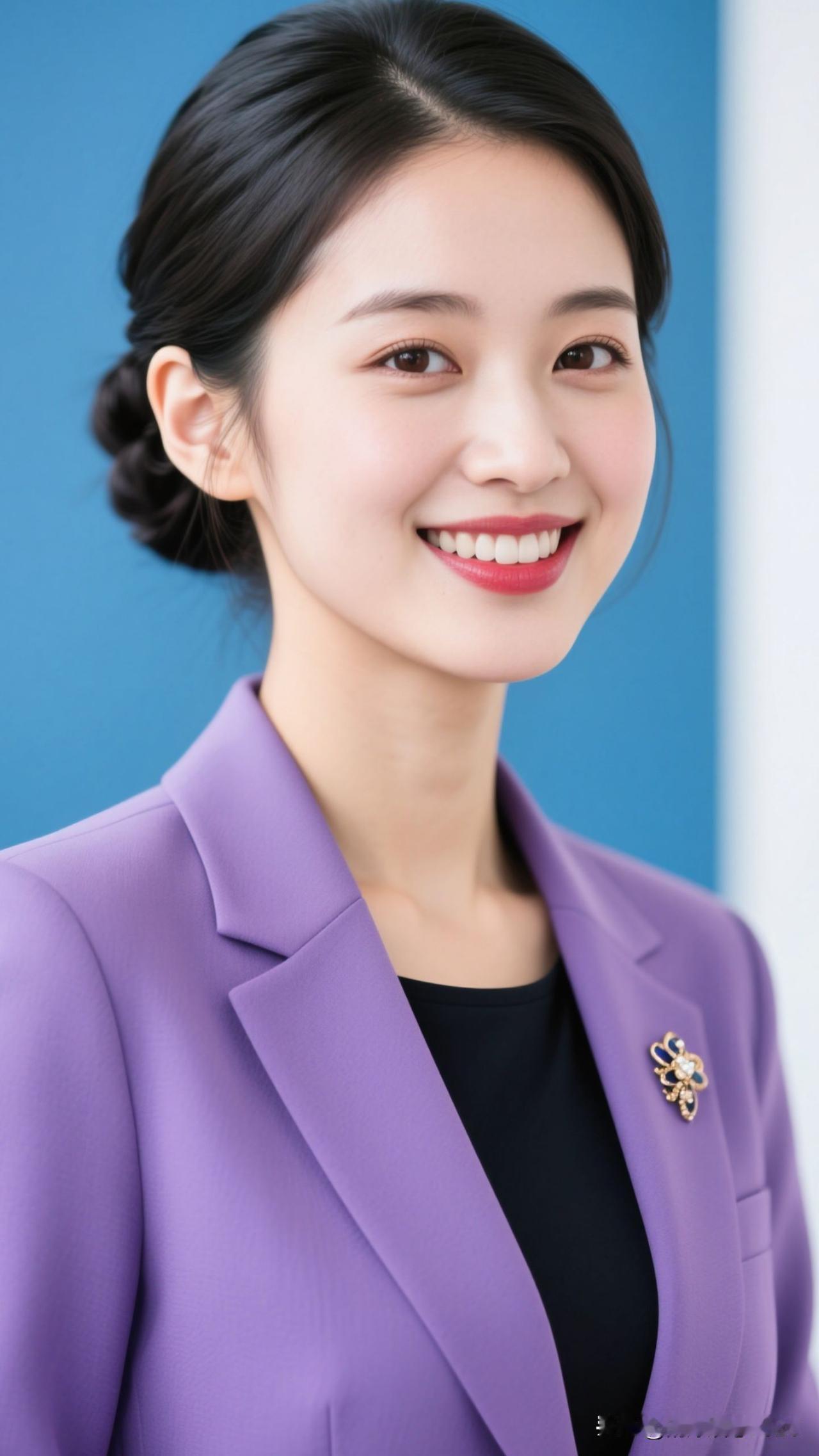 钴蓝为幕，紫衫是晕开的星云，胸针驮着银河的碎片，她站在那里，就是职场里发光的诗。